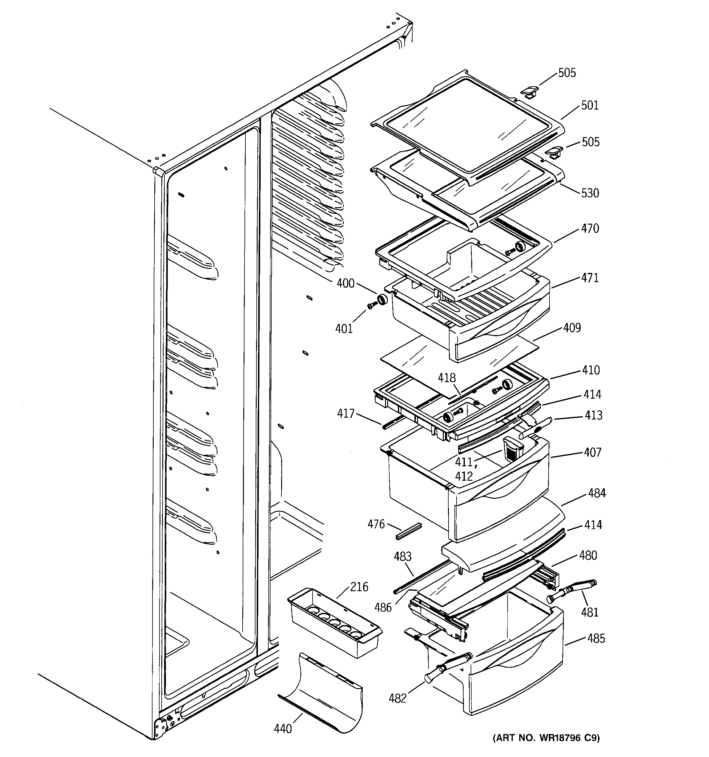 GE PSS25MGMBBB fresh food shelves diagram