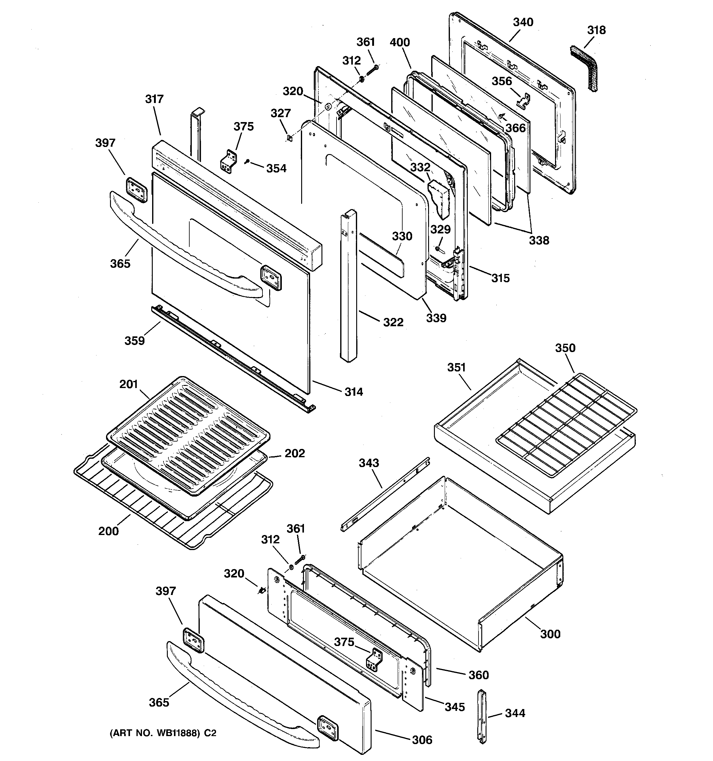 GE JGB910WEC3WW door & drawer parts diagram
