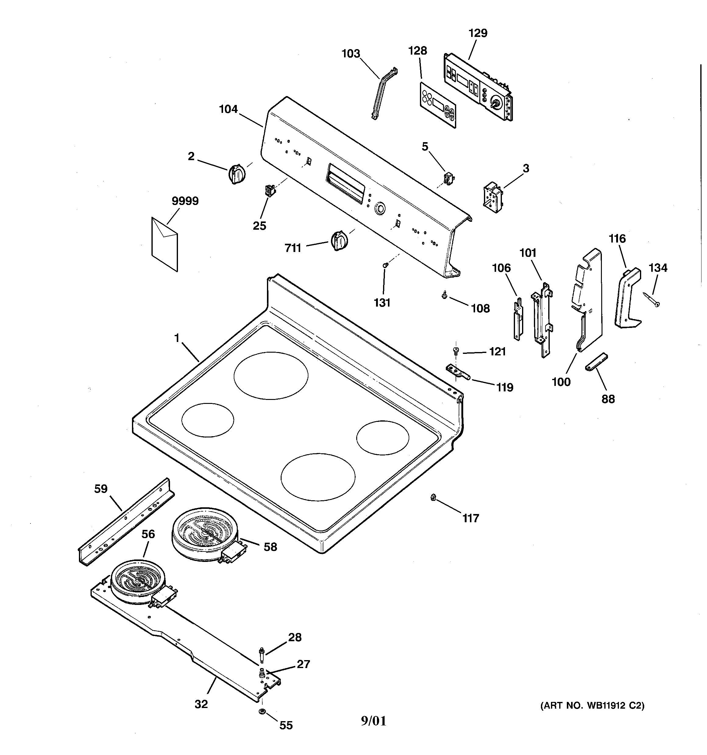 GE JBP61BD2WH controls & cooktop diagram