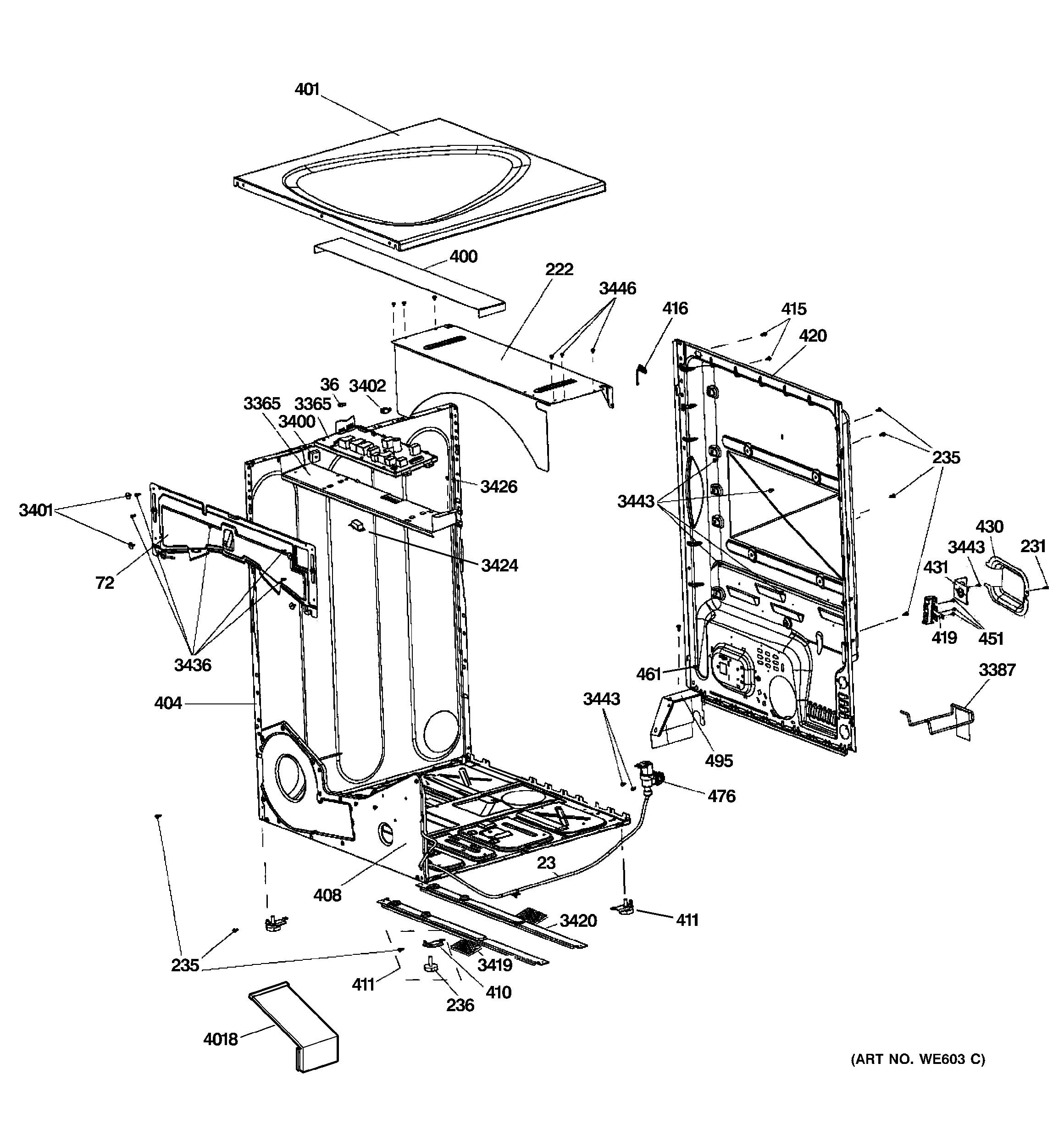 GE PFDS455EL0MG cabinet & top panel diagram