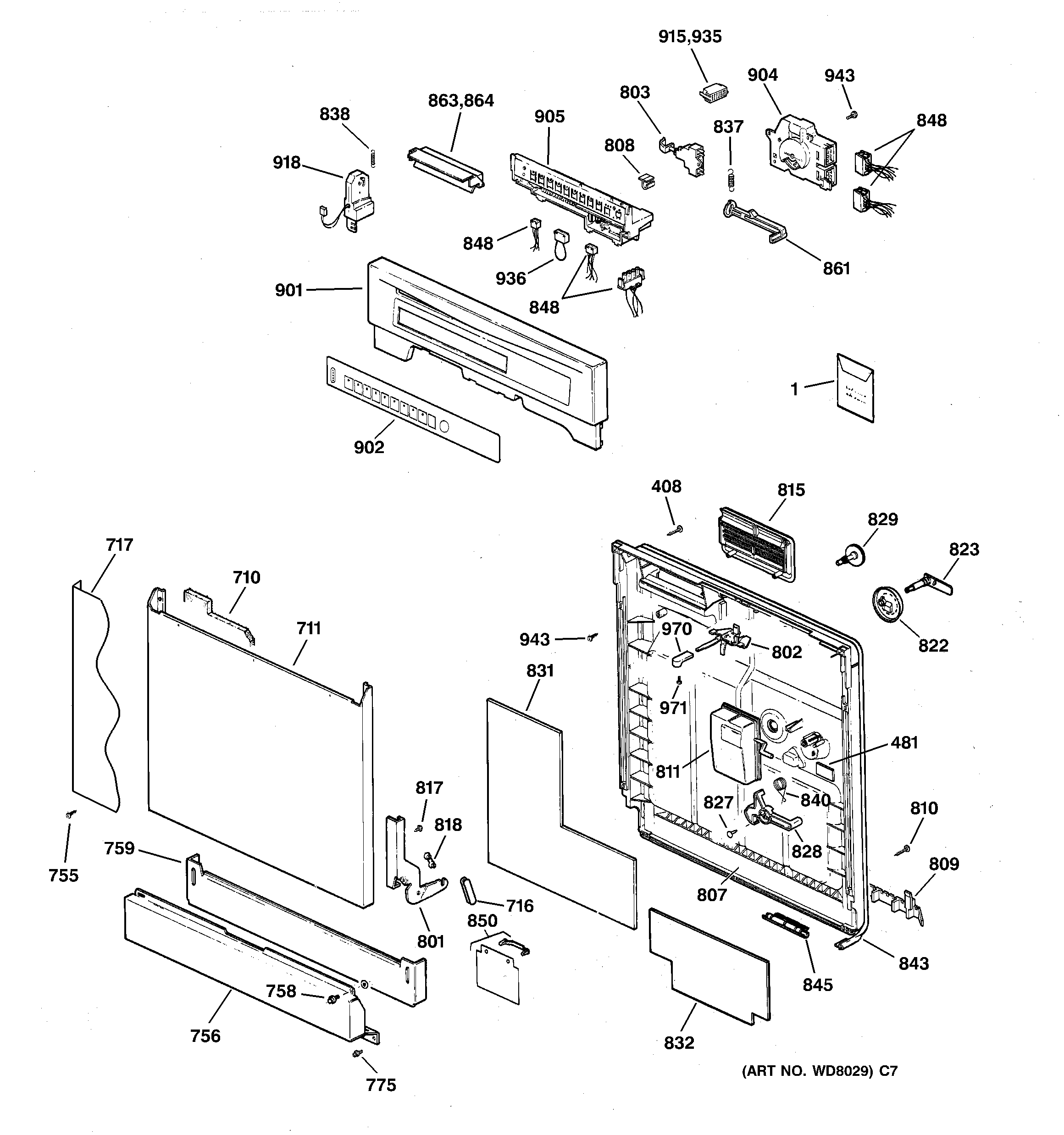GE GSD4930Z02WW escutcheon & door assembly diagram