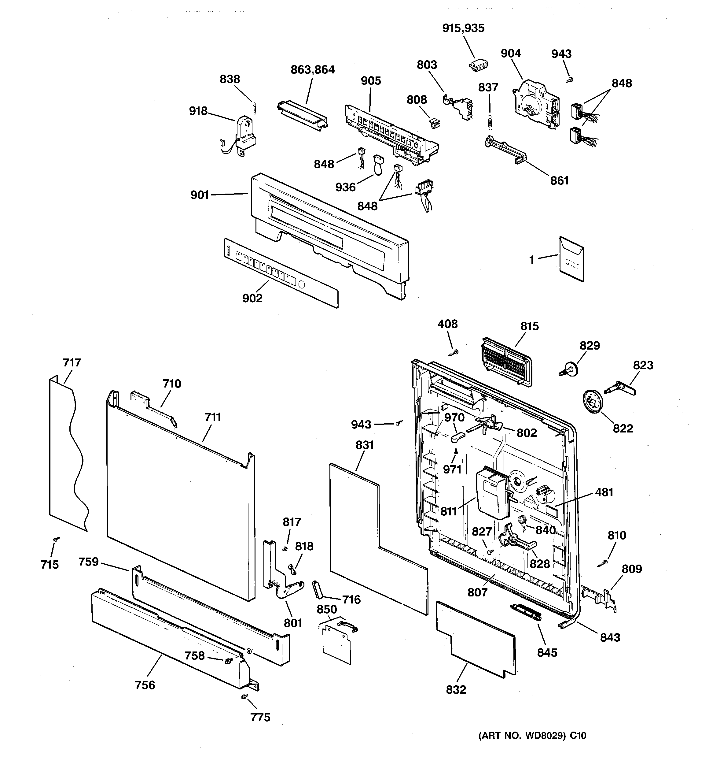 GE GSD5910D01AA escutcheon & door assembly diagram