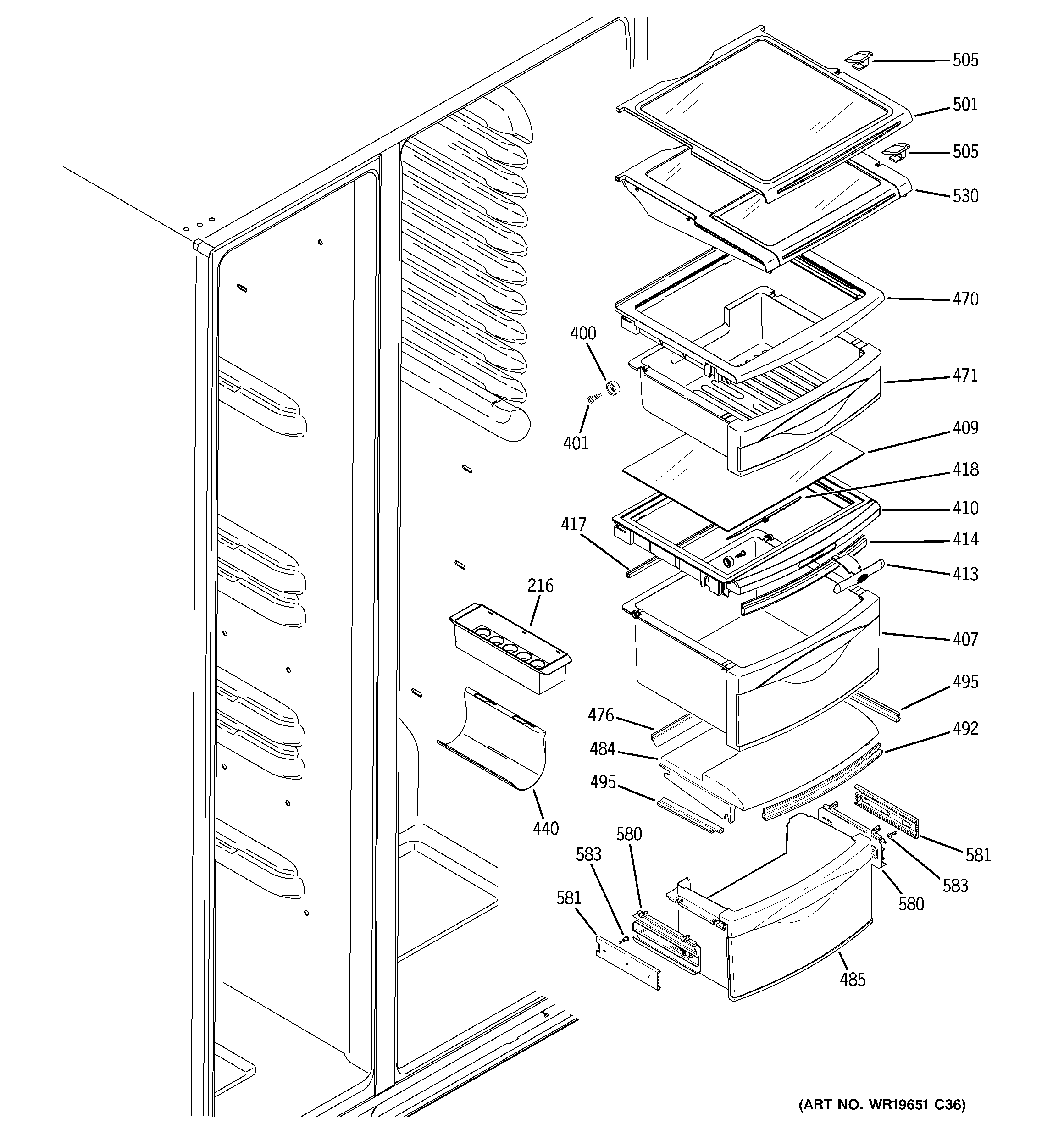 GE PSK27MHSDCCC fresh food shelves diagram