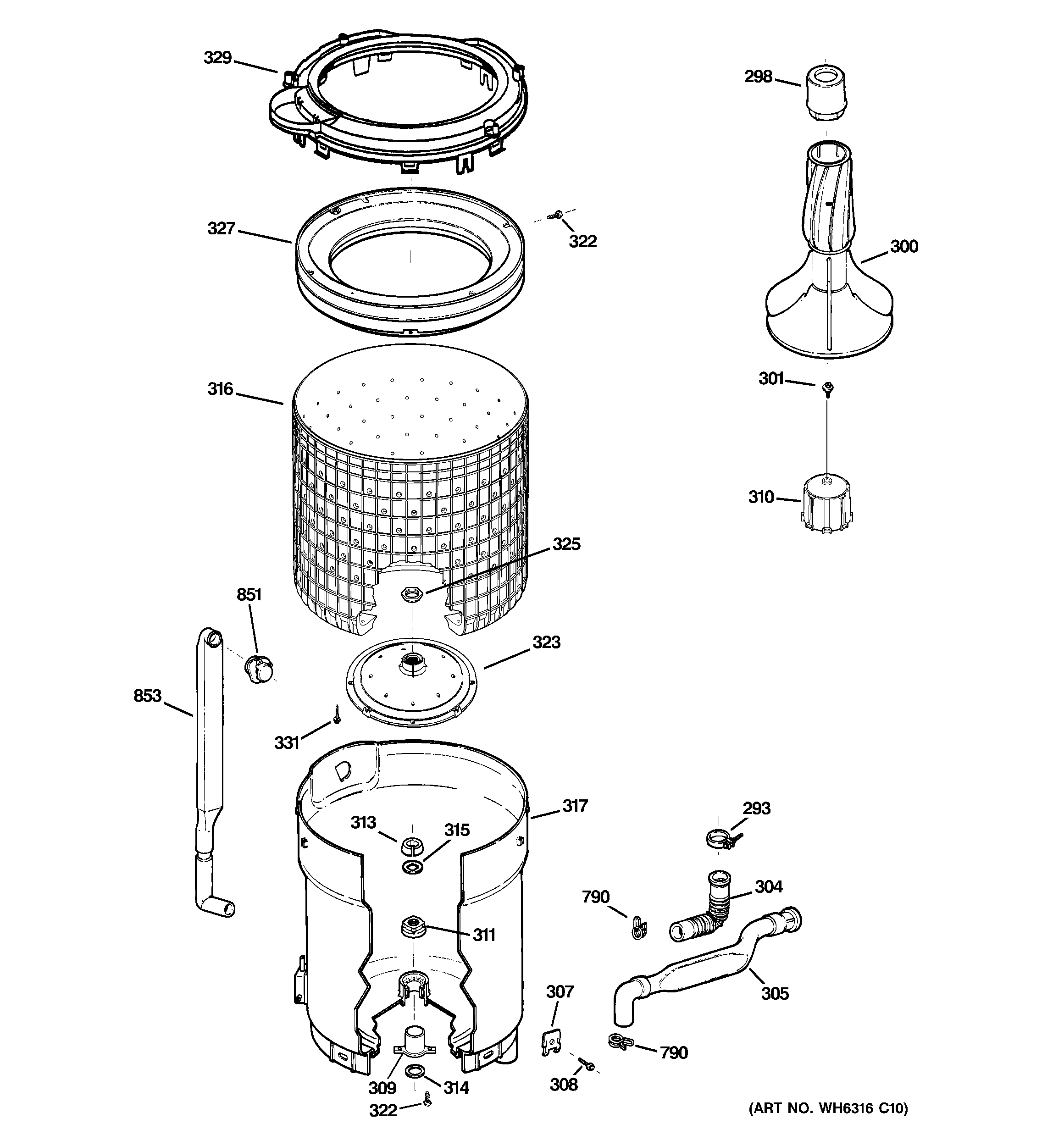 GE WLSR2200J9WW tub, basket & agitator diagram