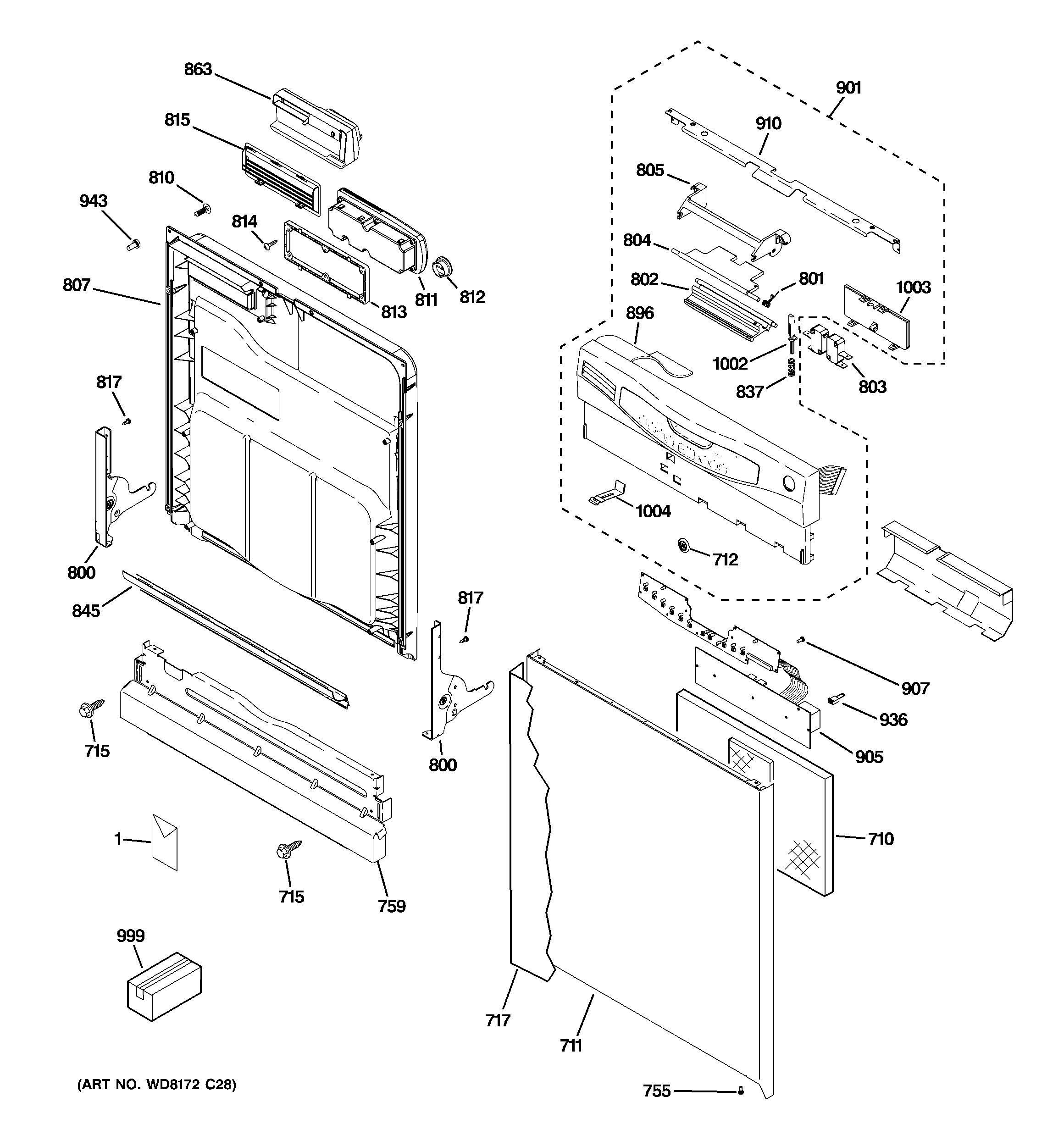 GE GLD4968T10SS escutcheon & door assembly diagram