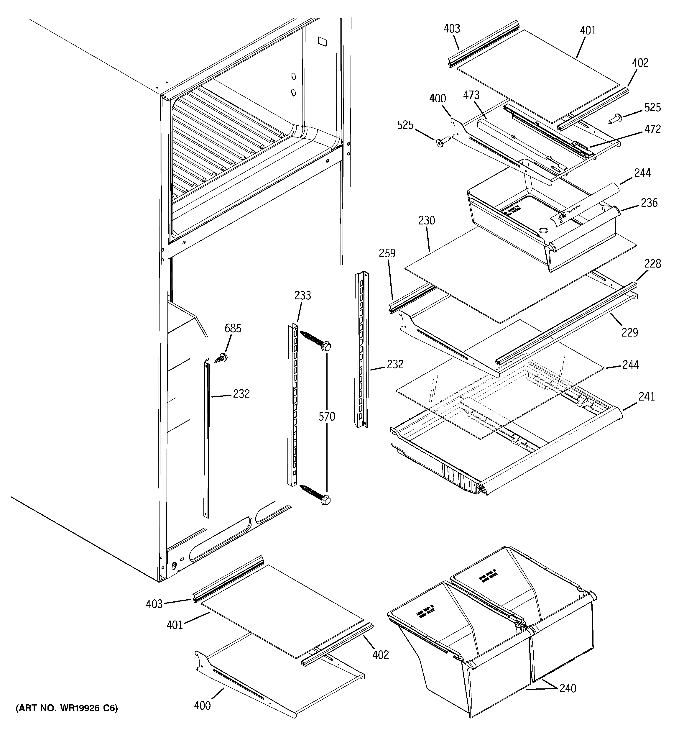 GE GTH18ISXCRSS fresh food shelves diagram