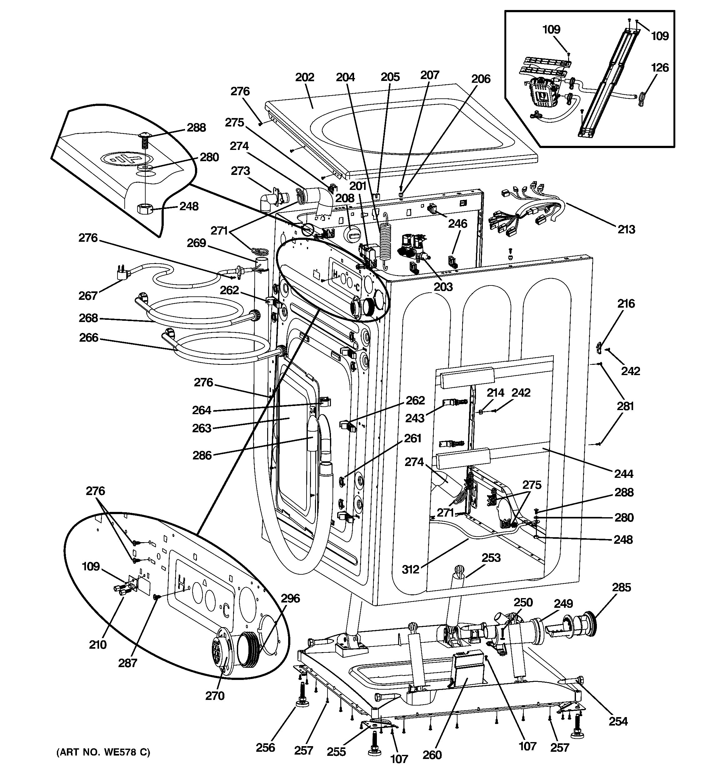 GE GFWH3405L0BB cabinet & top panel diagram