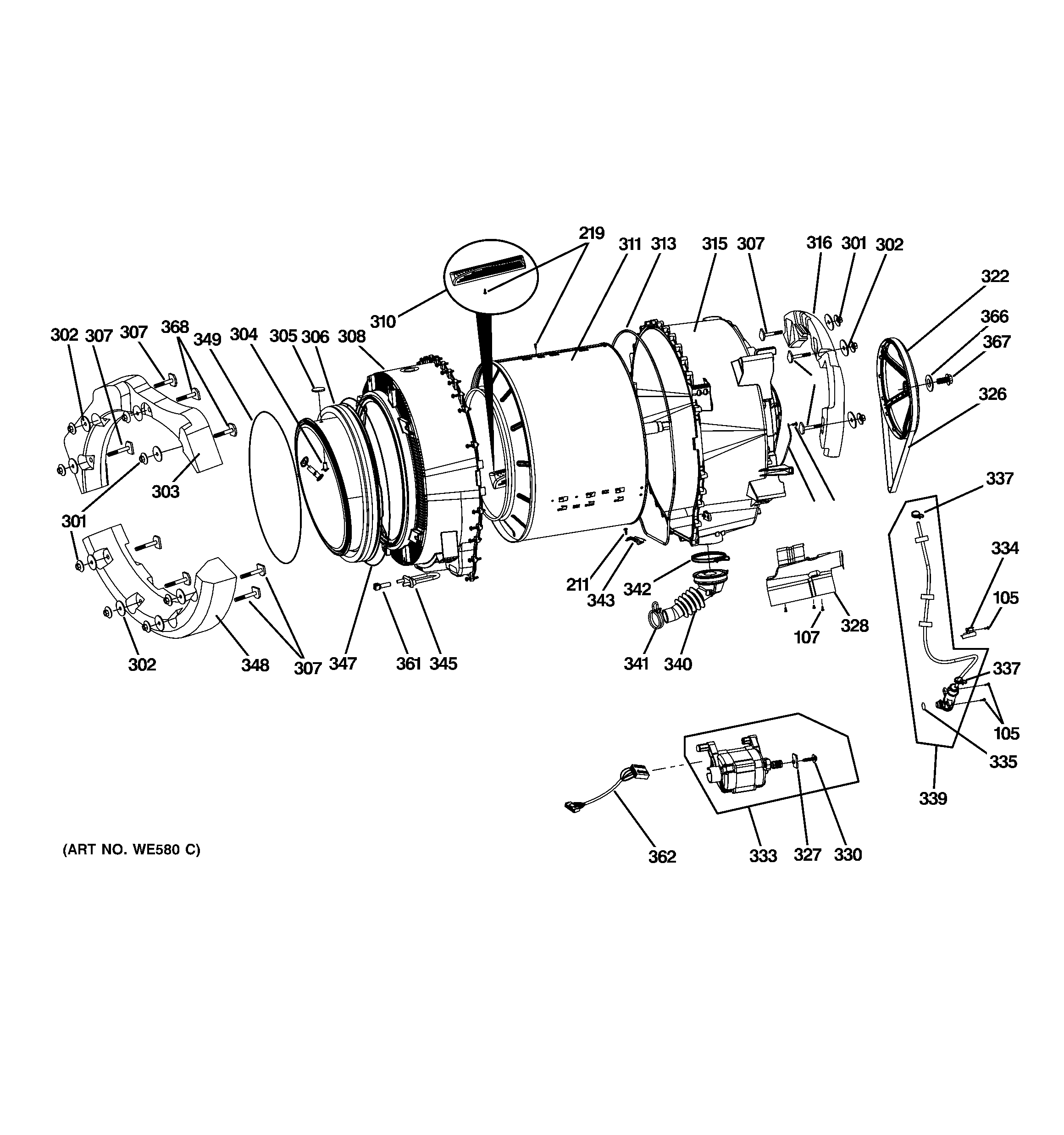 GE GFWH3405L0BB tub & motor diagram