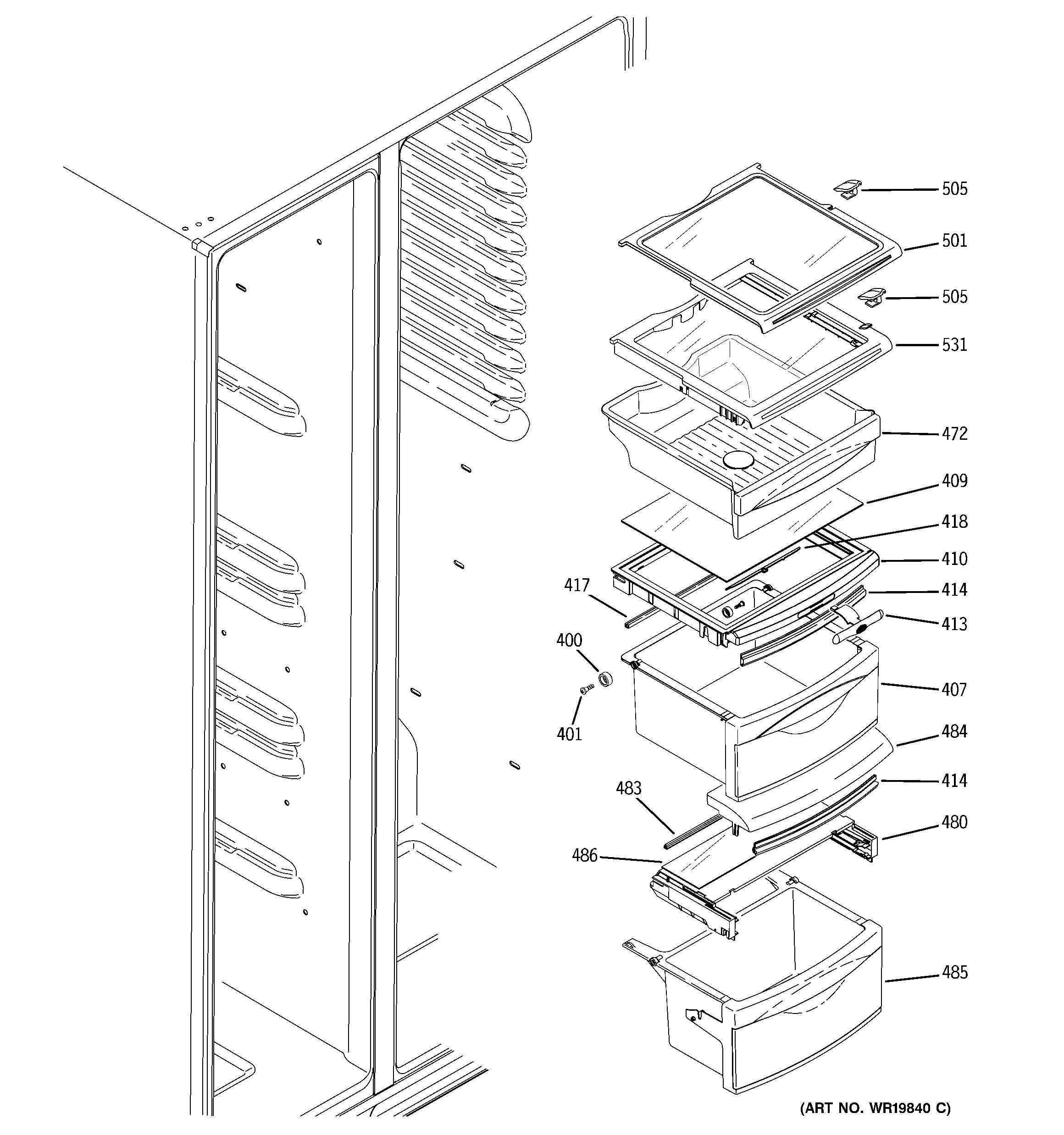 GE GSS25QGTACC fresh food shelves diagram