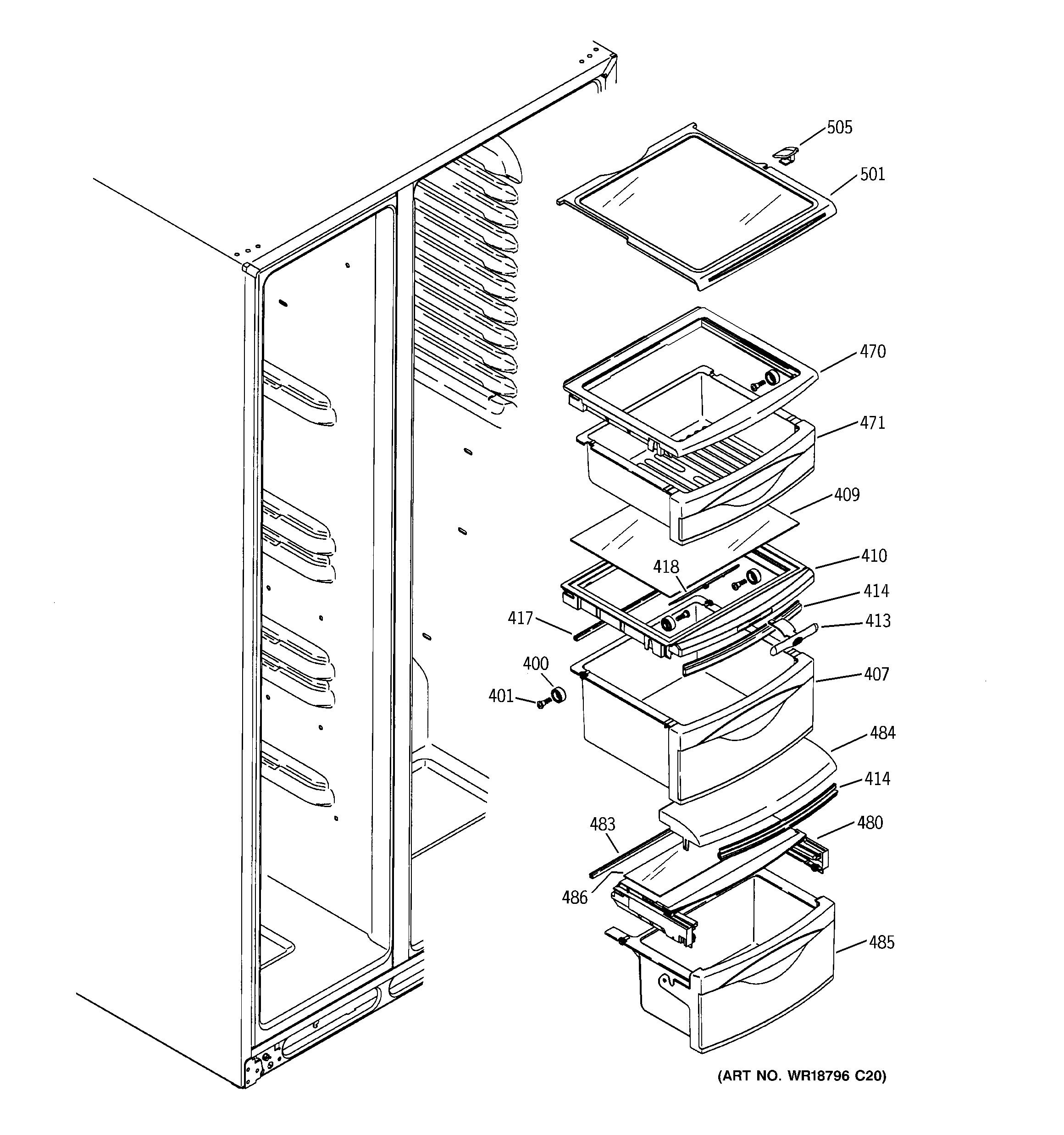 GE DSS25KGRDBB fresh food shelves diagram