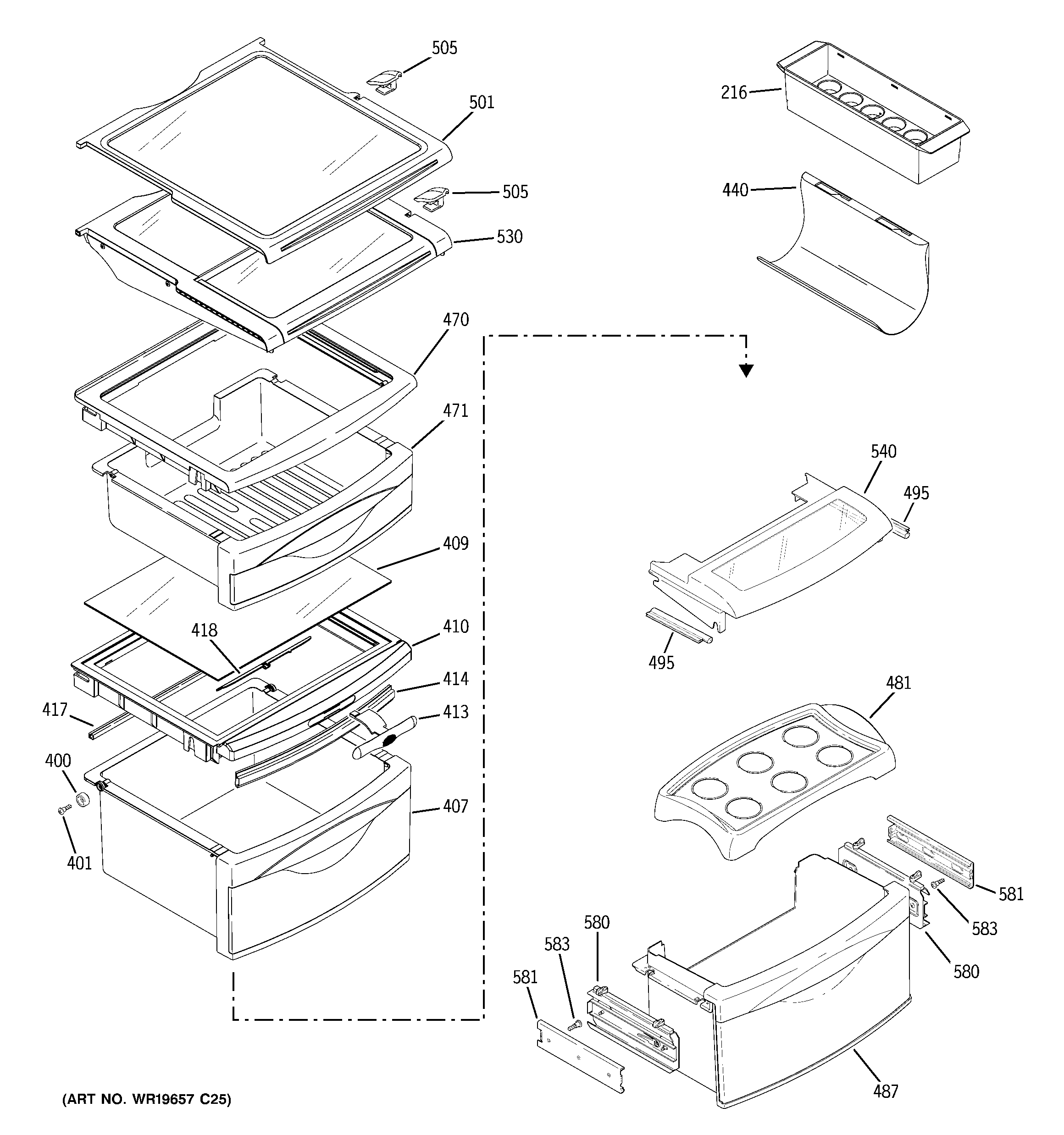GE PCE23NHTCFBB fresh food shelves diagram