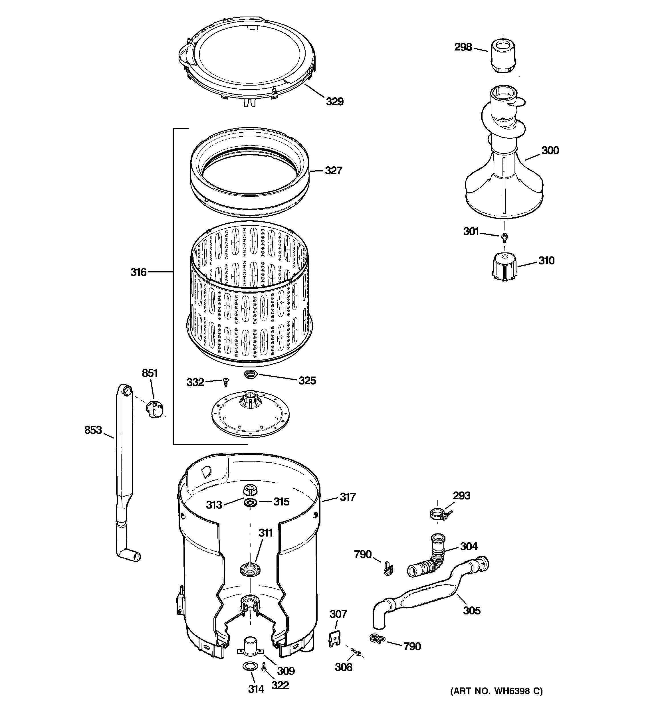 GE WDRR2500K0WW tub, basket & agitator diagram