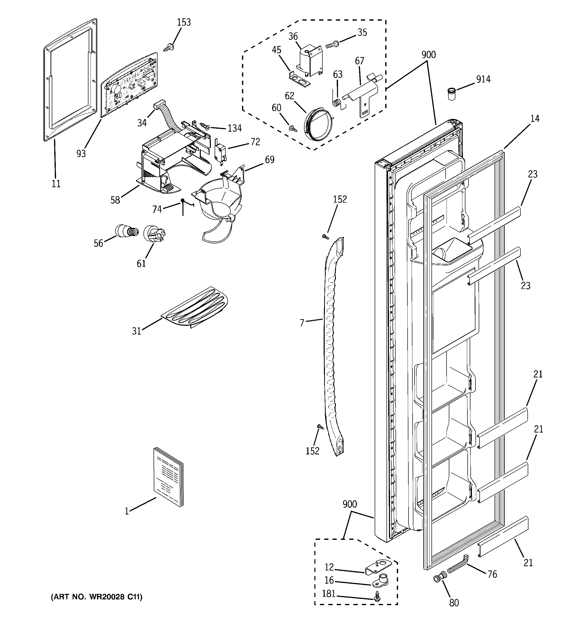 GE GSH25JGBBWW freezer door diagram