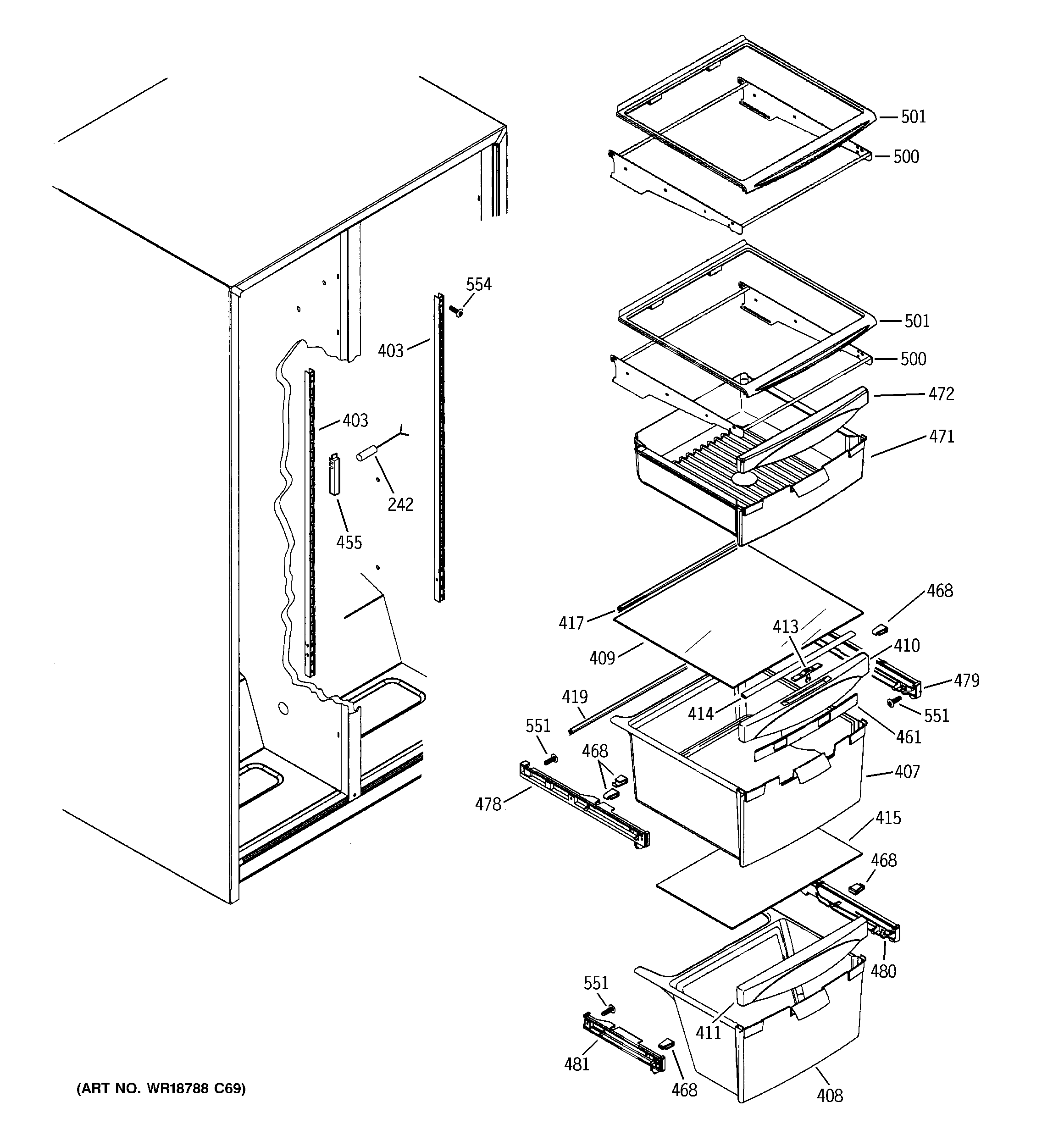 GE GSL25JGBBLB fresh food shelves diagram