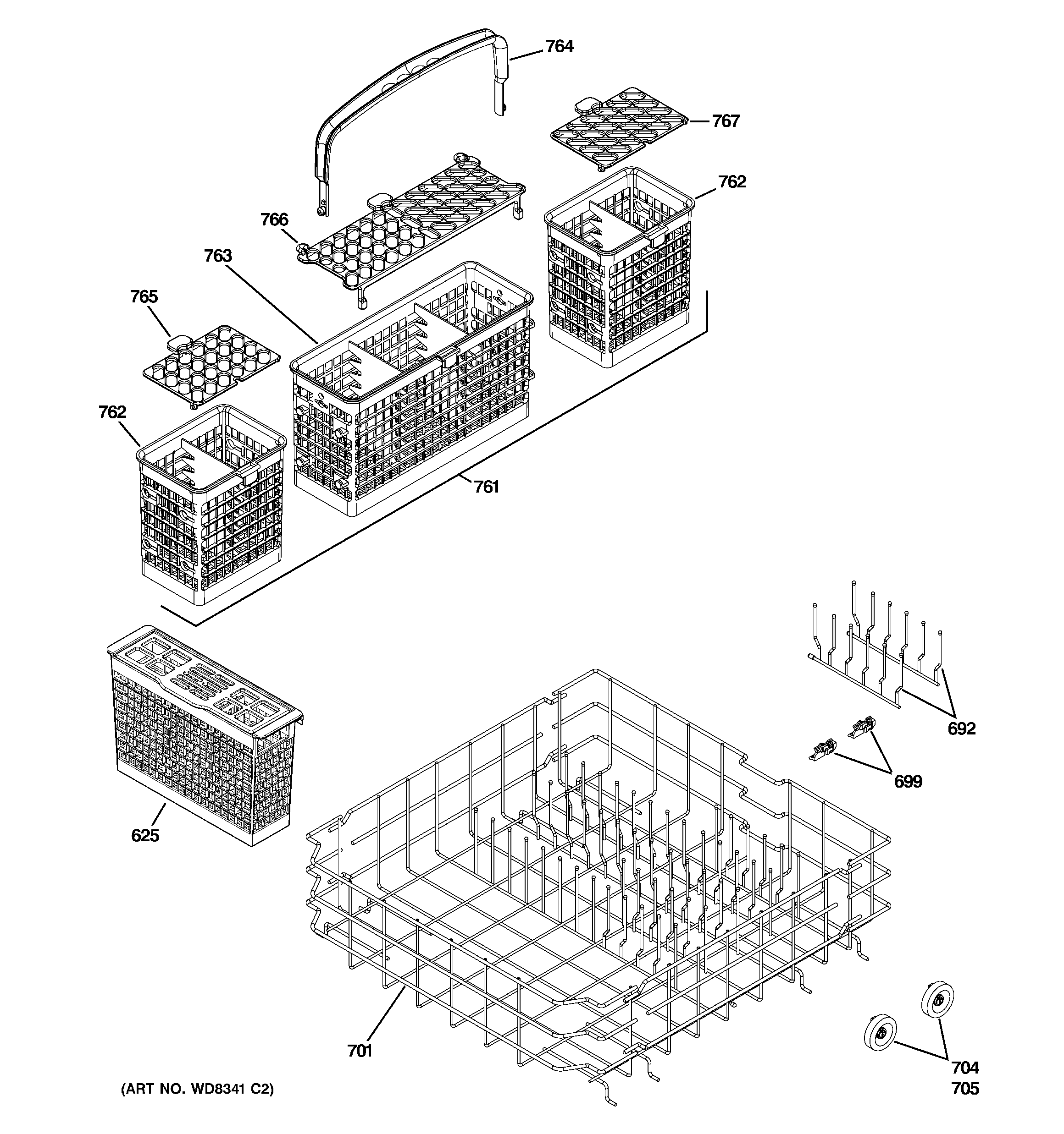 GE GLD7400R30CC lower rack assembly diagram