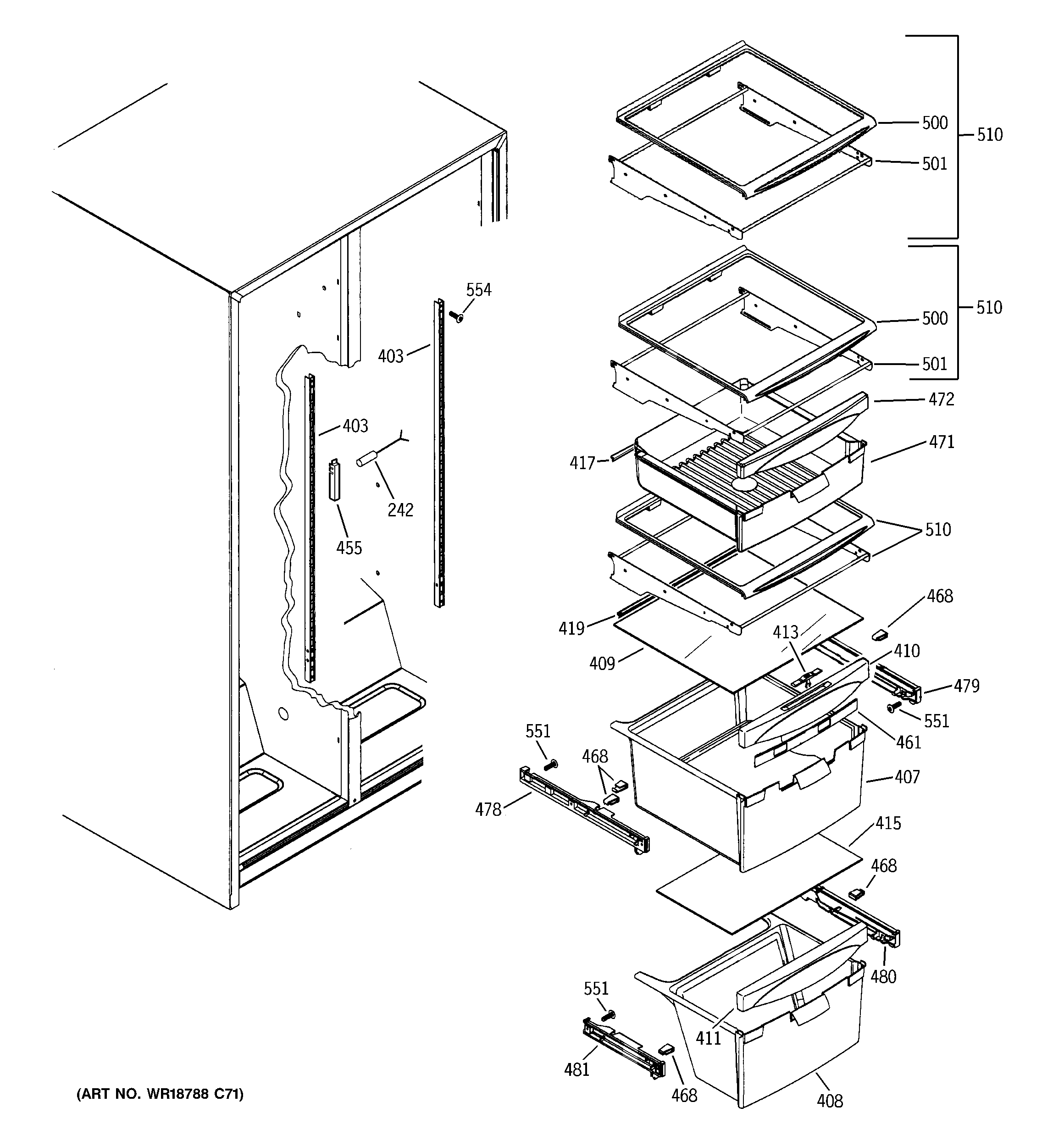 GE BSS25JFTPWW fresh food shelves diagram