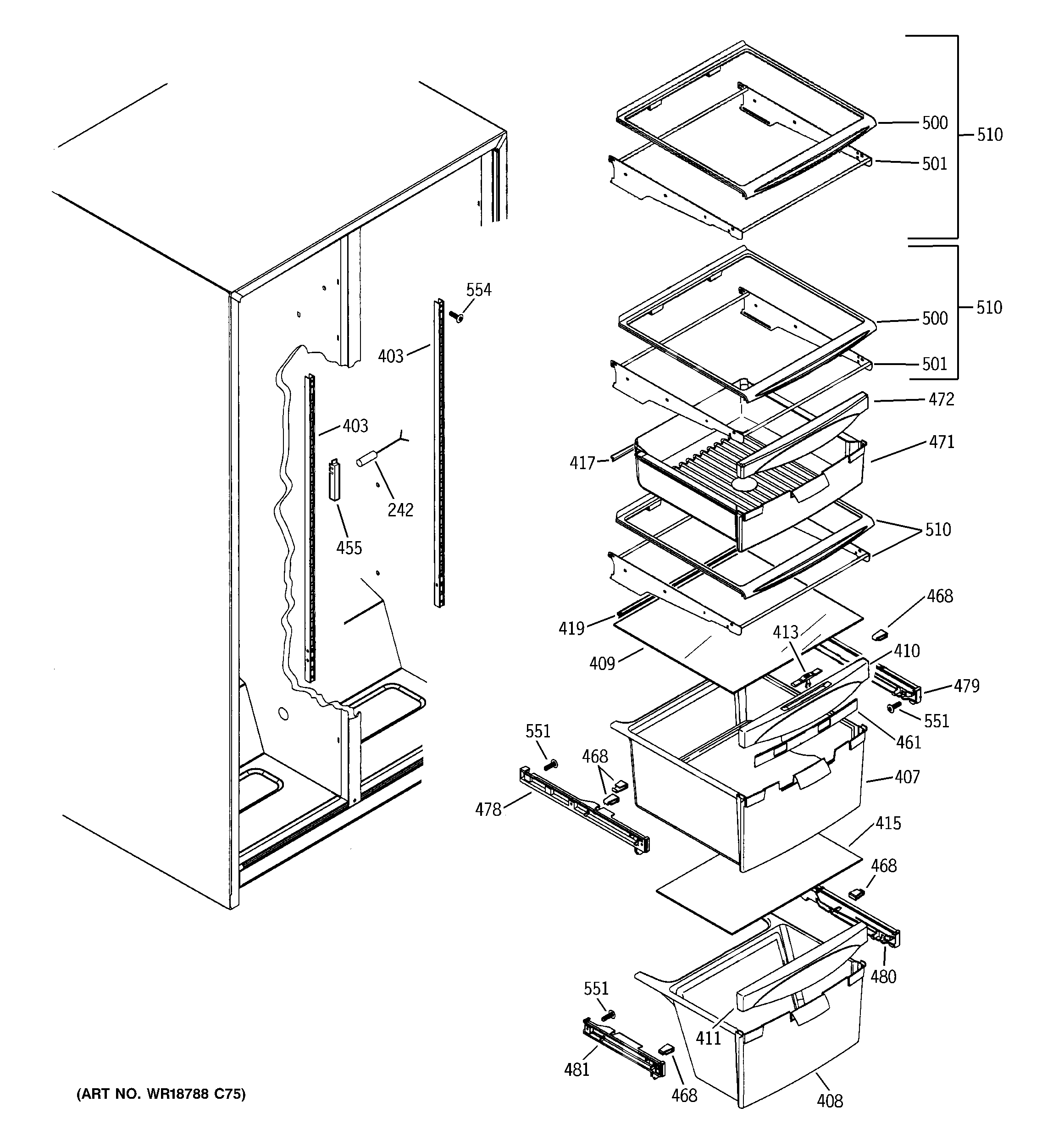 GE BSS25JSTPSS fresh food shelves diagram