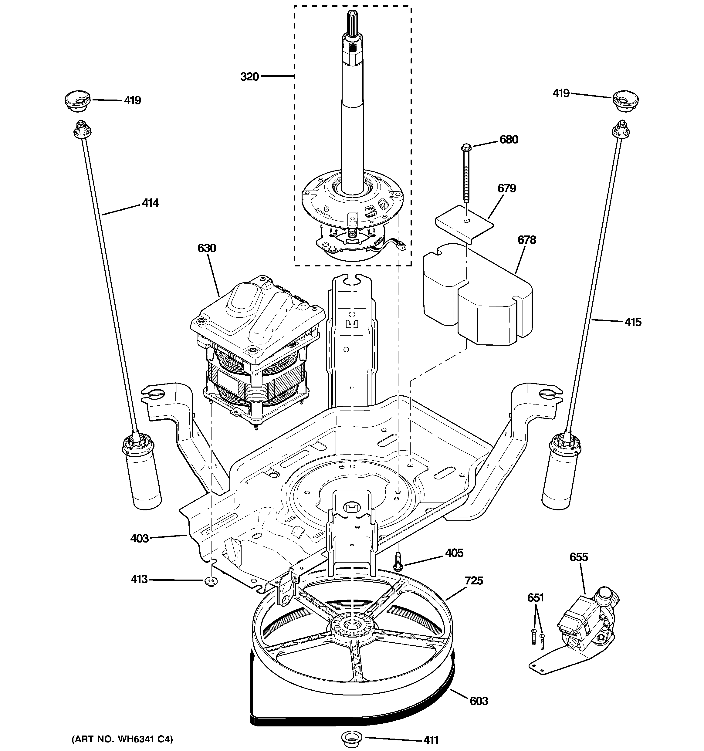 GE GTWP2000M2WW suspension, pump & drive components diagram