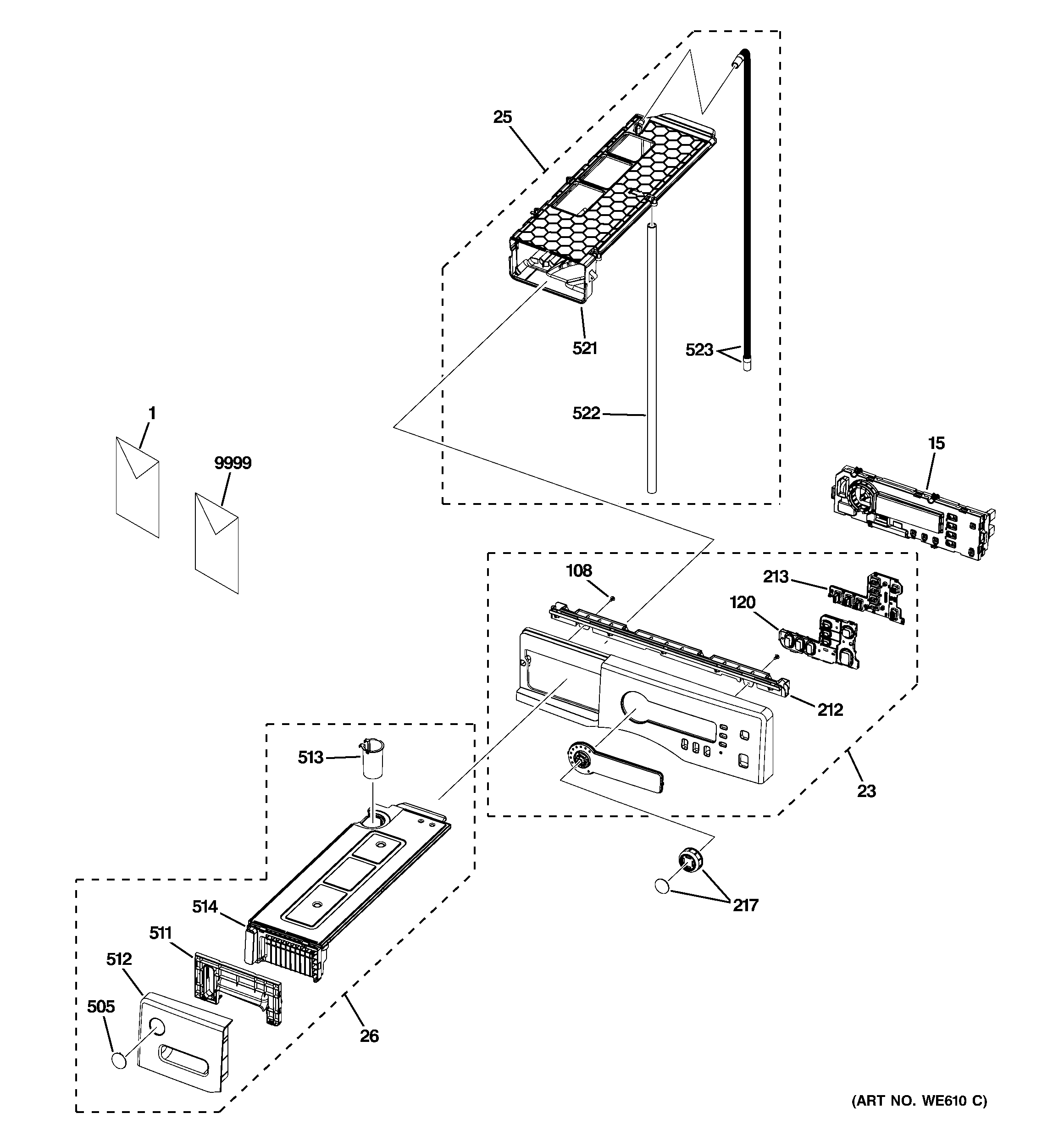 GE DCCH485EK0MS controls & drawer assembly diagram