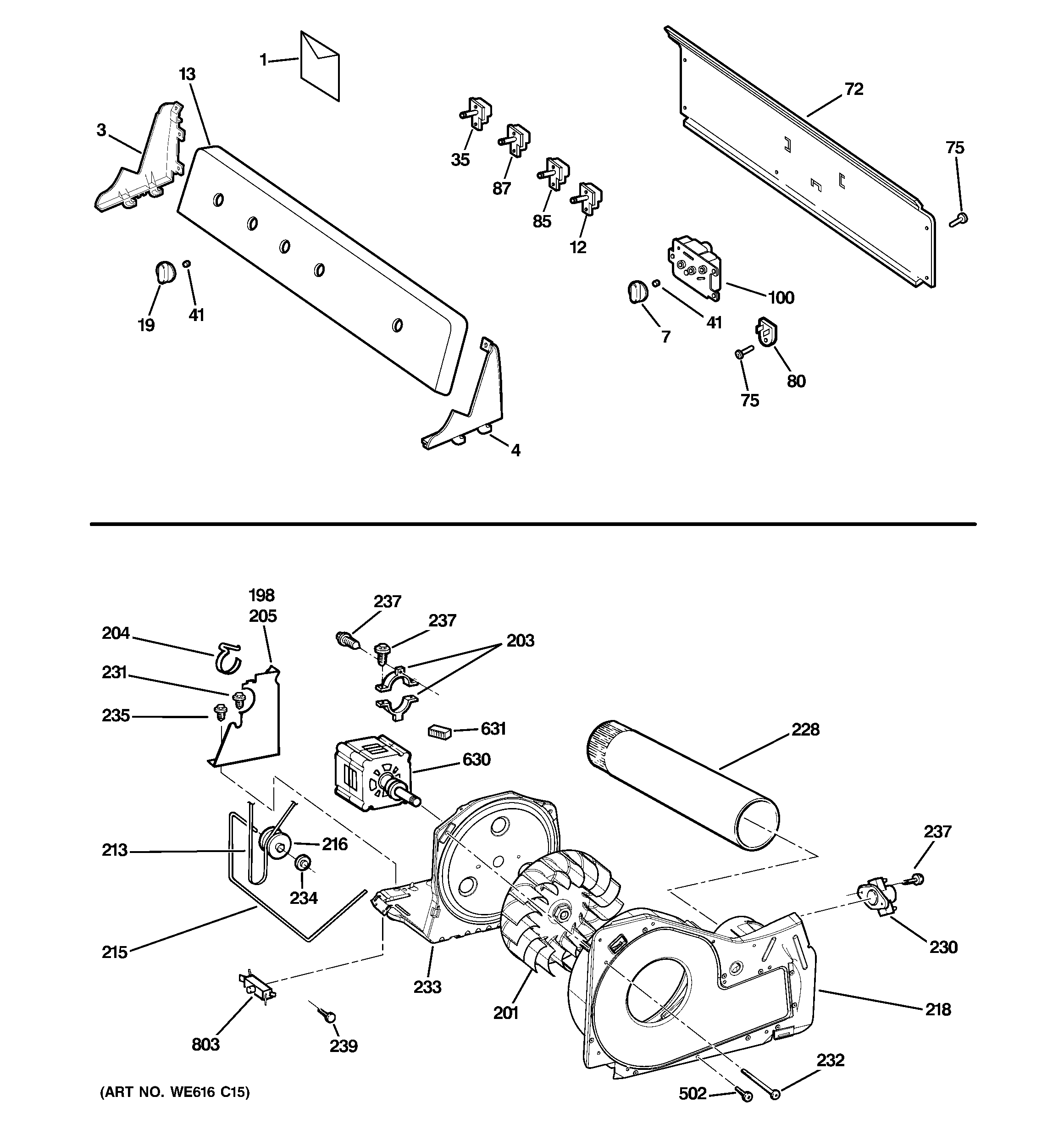 GE GTDP250EM2WW backsplash, blower & motor assembly diagram