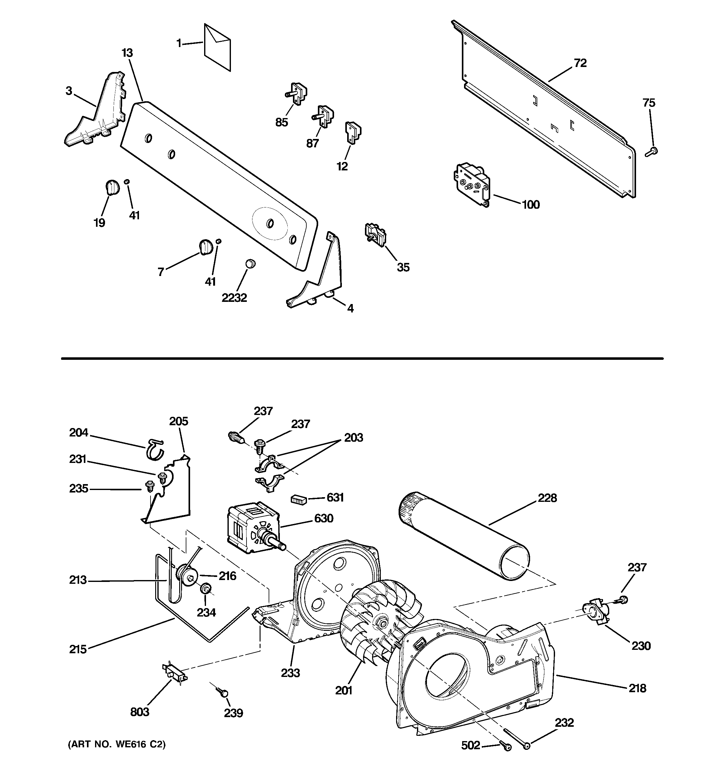 GE GTDP301GL2WS backsplash, blower & motor assembly diagram
