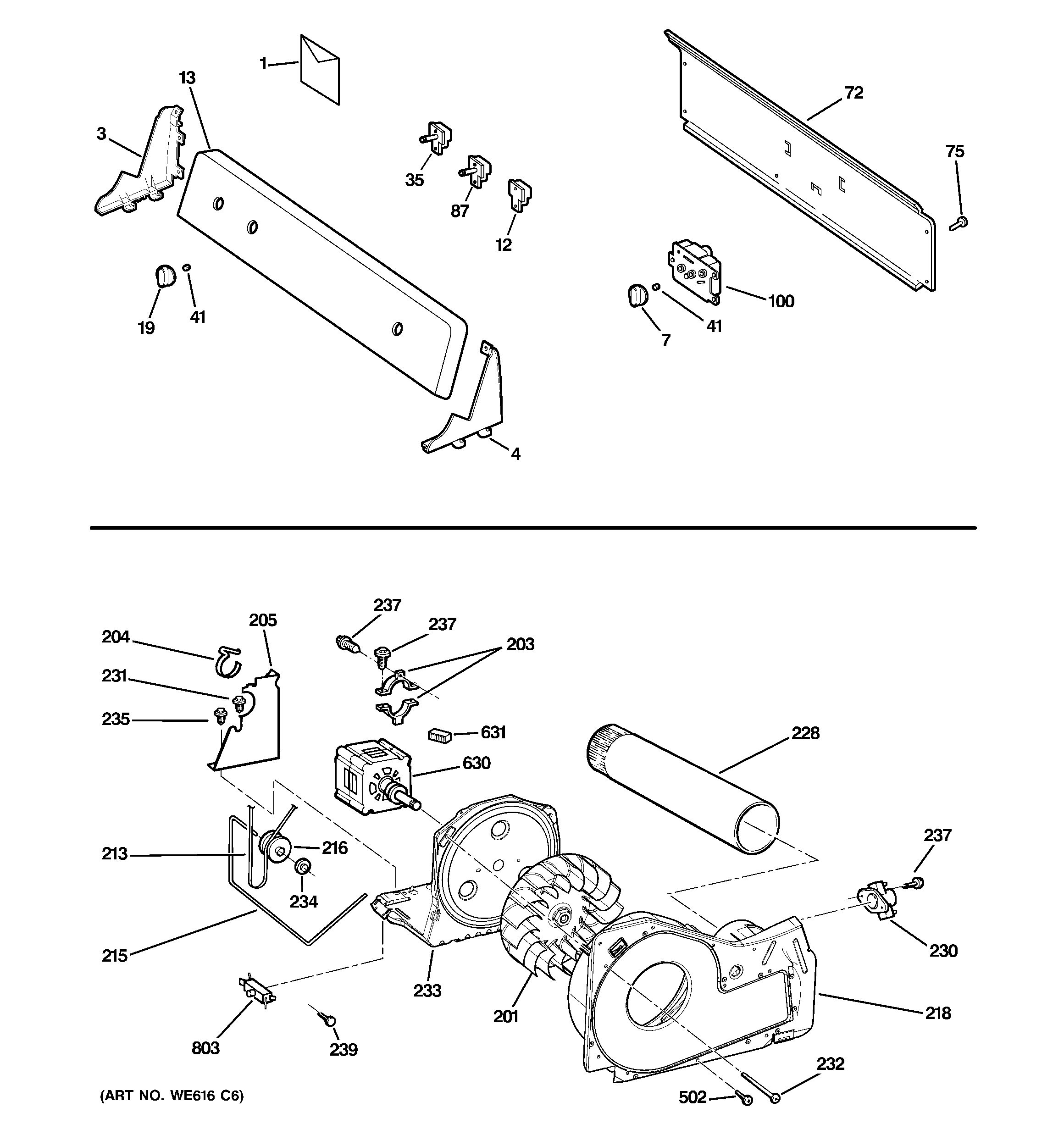 GE GTDX205GM2CC backsplash, blower & motor assembly diagram