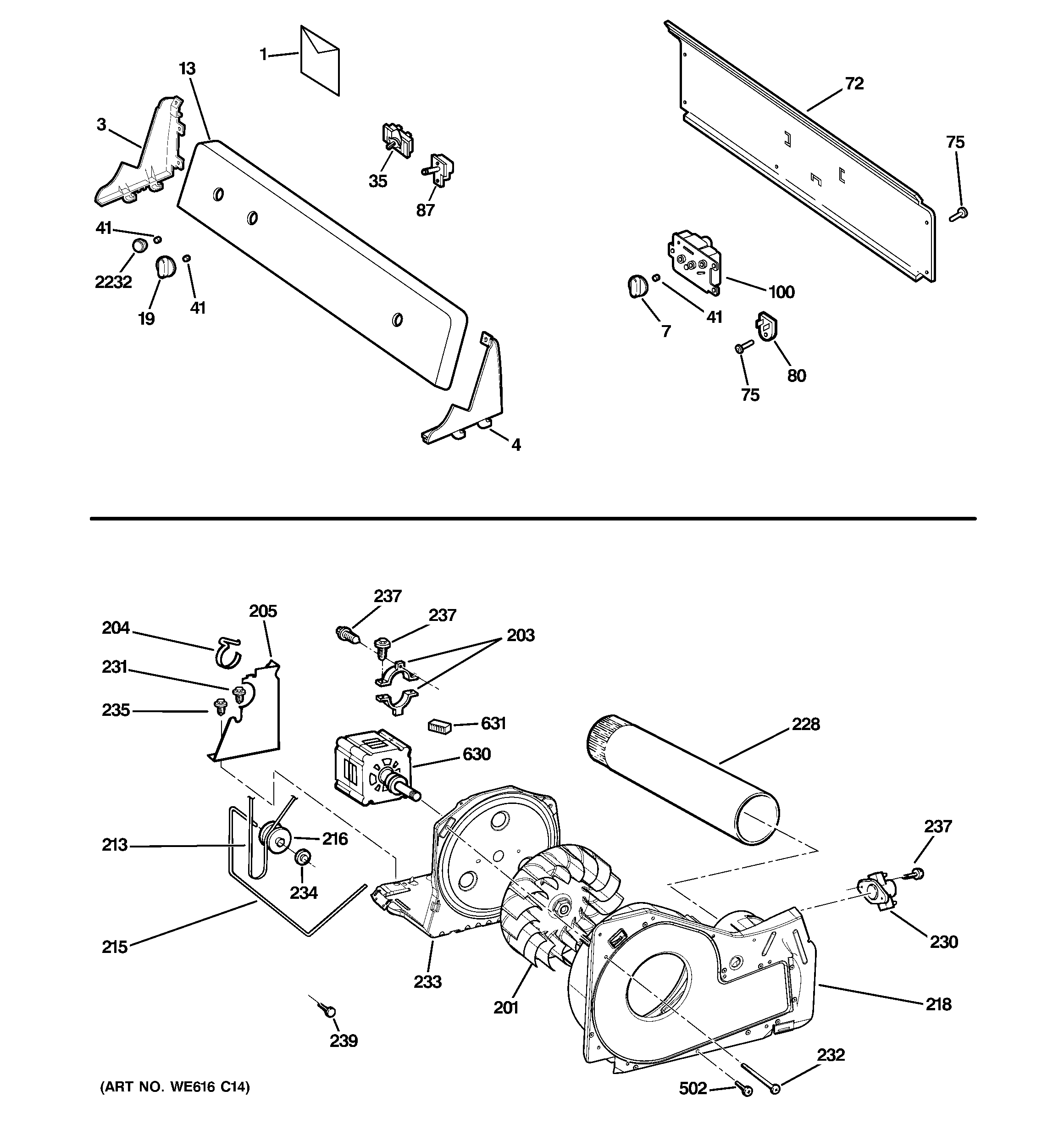 Hotpoint HTDX100EM2WW backsplash, blower & motor assembly diagram