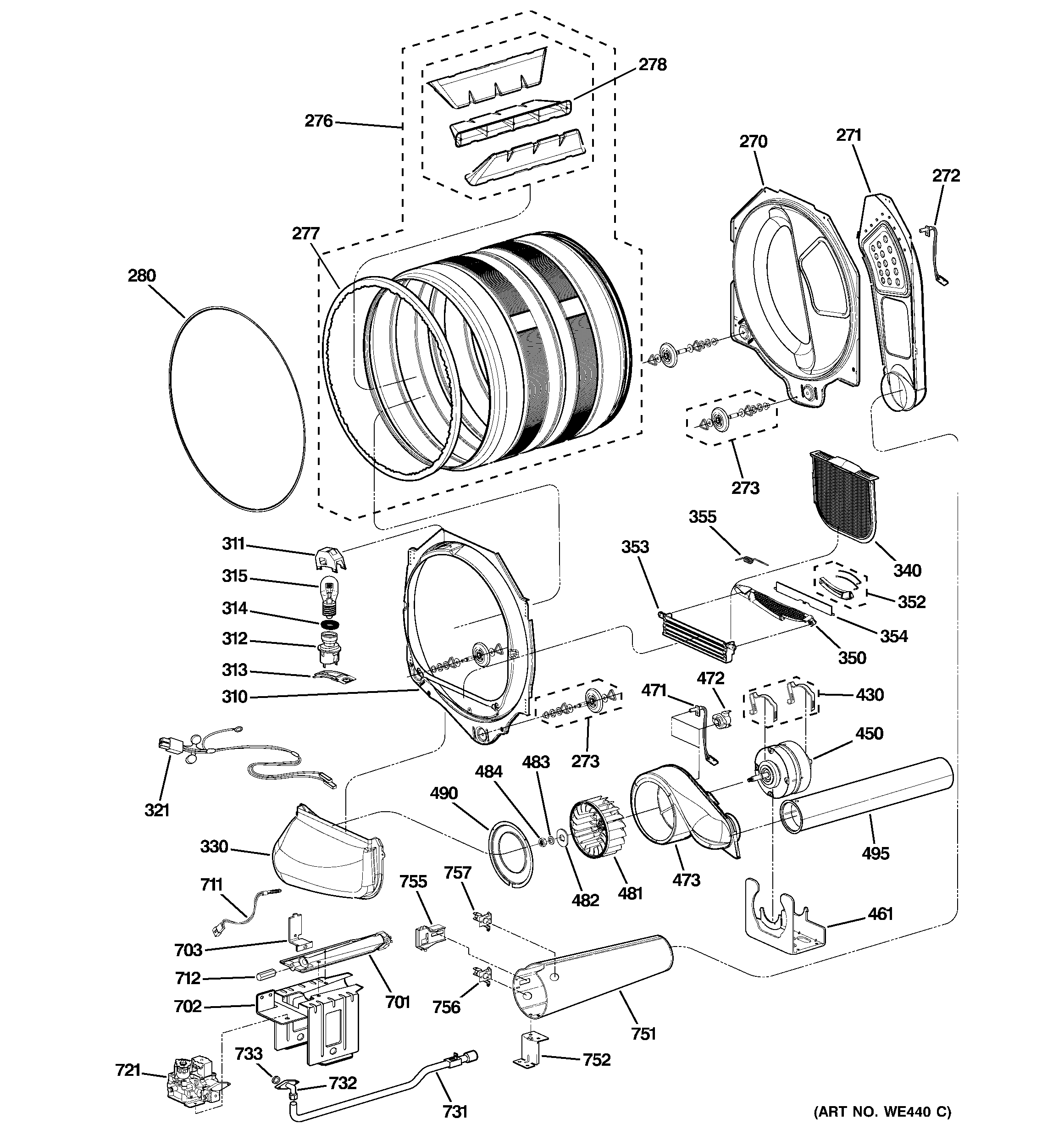 GE DPGT750GC1PL drum, blower & motor diagram