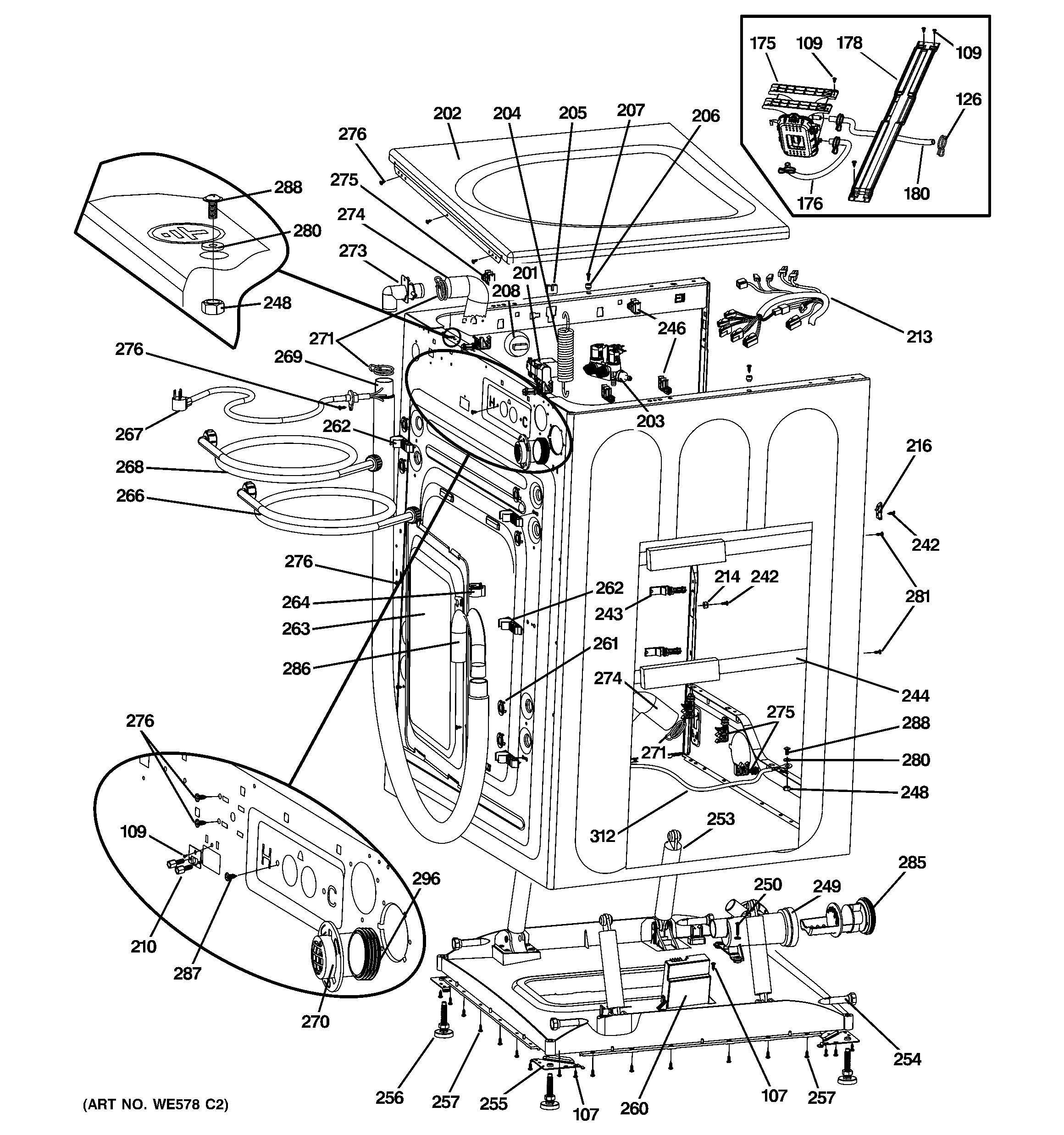 GE GFWS3505L0MS cabinet & top panel diagram