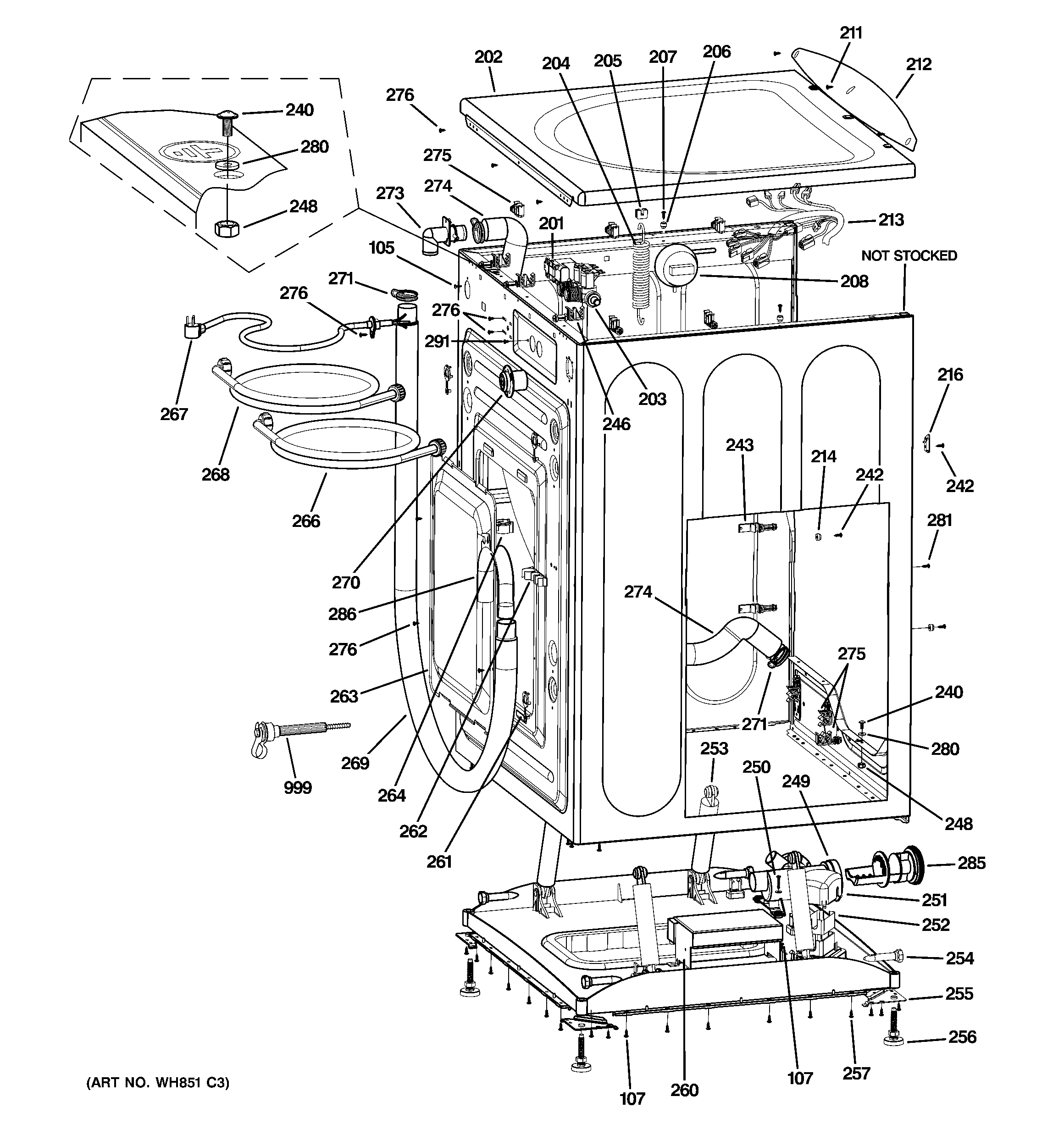 GE WBVH5200K0WW cabinet & top panel diagram
