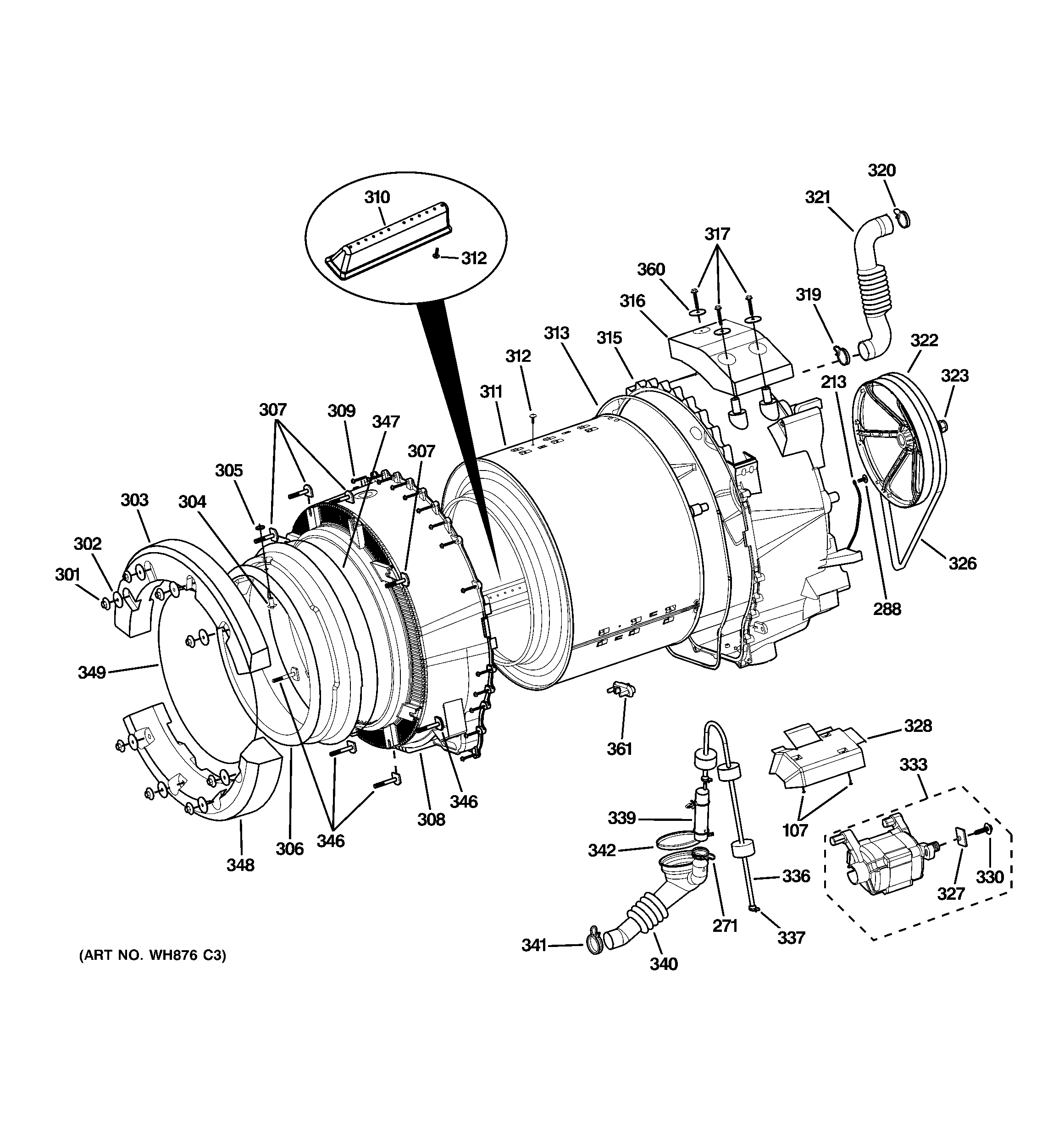 GE WBVH5200K0WW tub & motor diagram