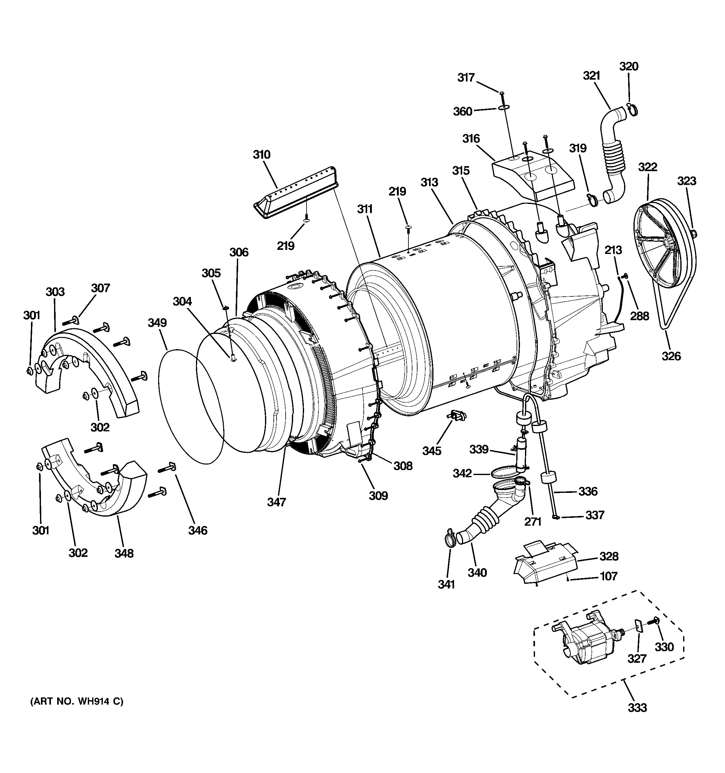 GE WBVH5300K1WW tub & motor diagram