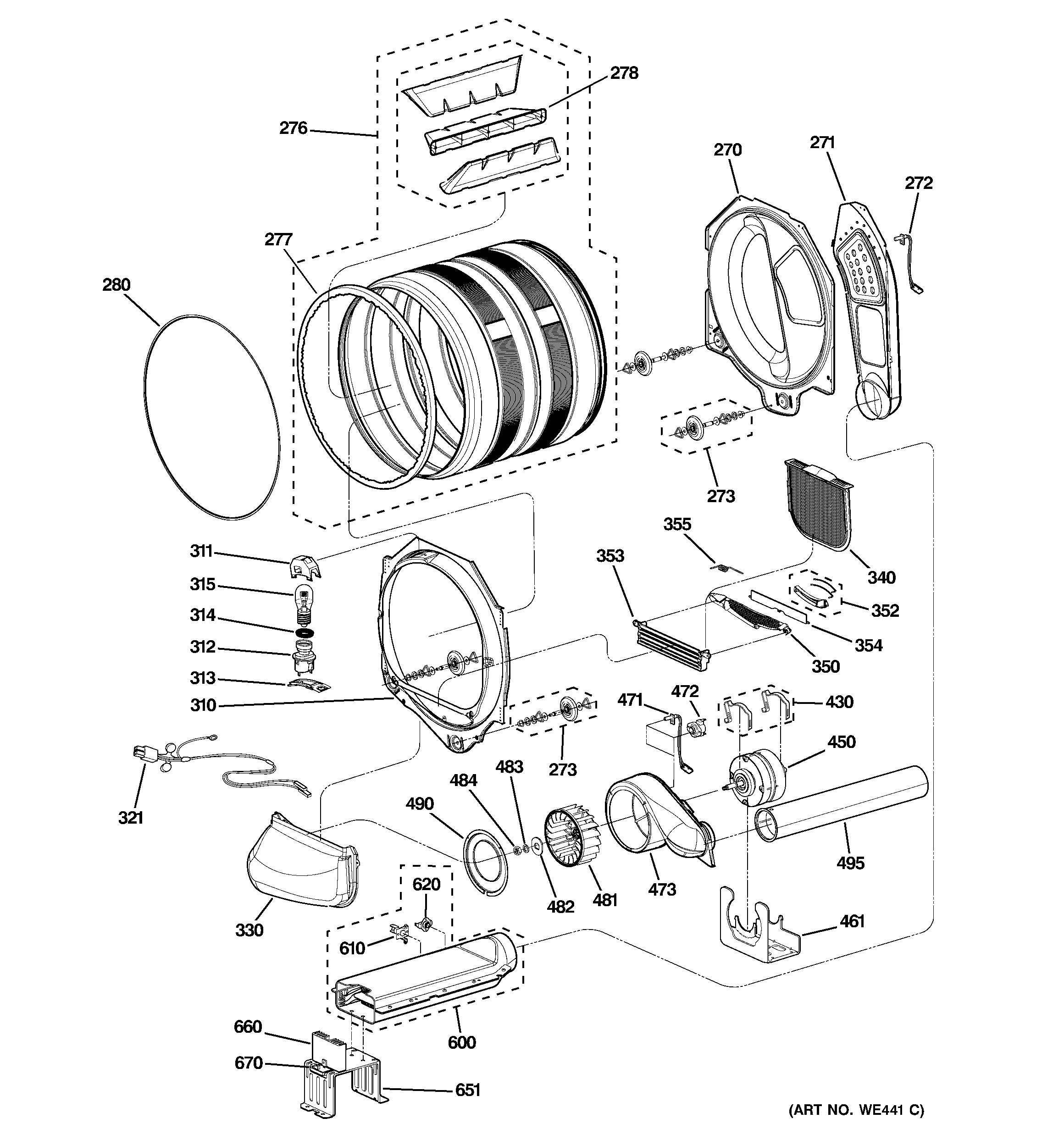 GE DPGT750EC2WW drum, blower & motor diagram