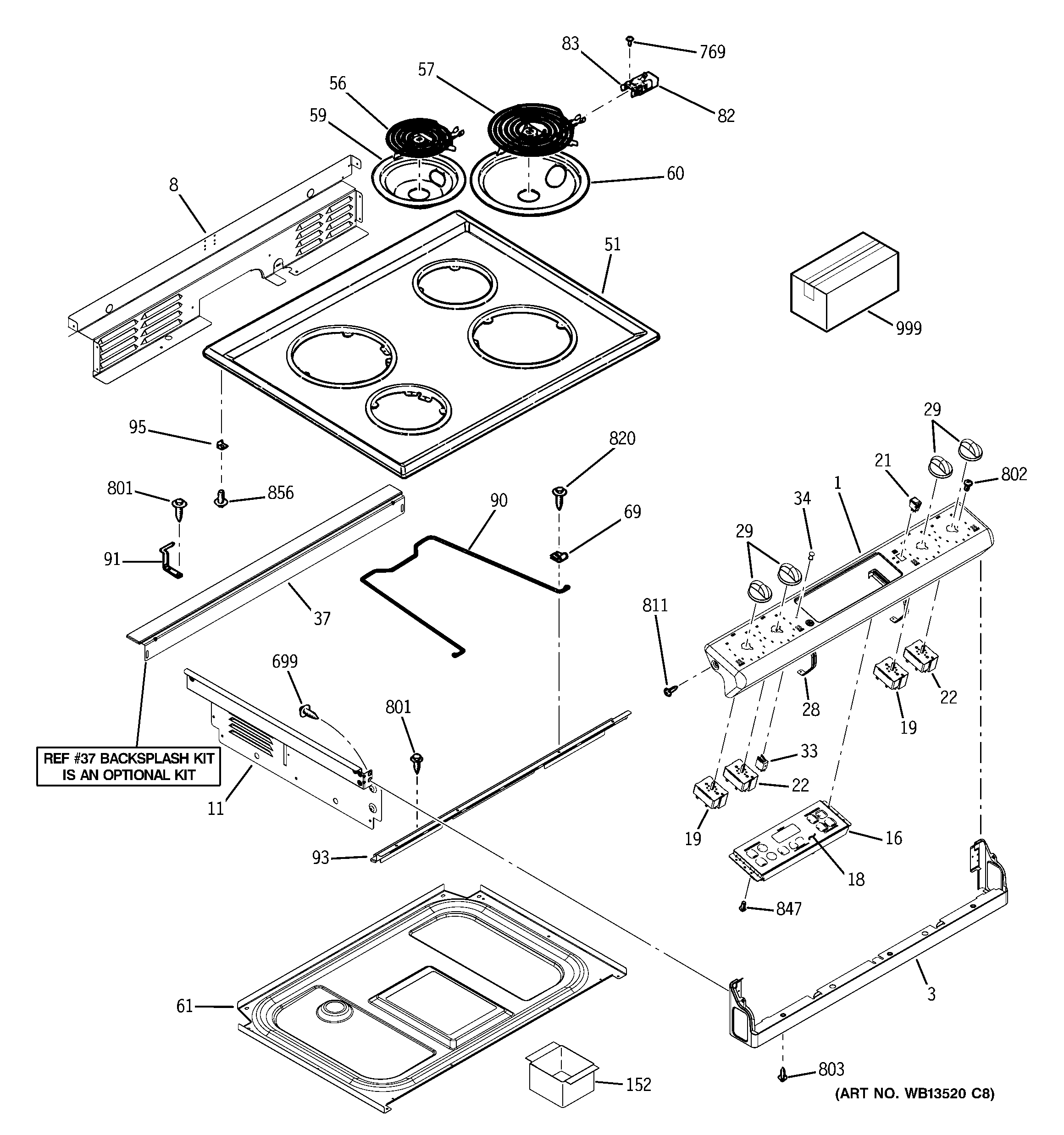 GE JCSP38DN4WW control panel & cooktop diagram