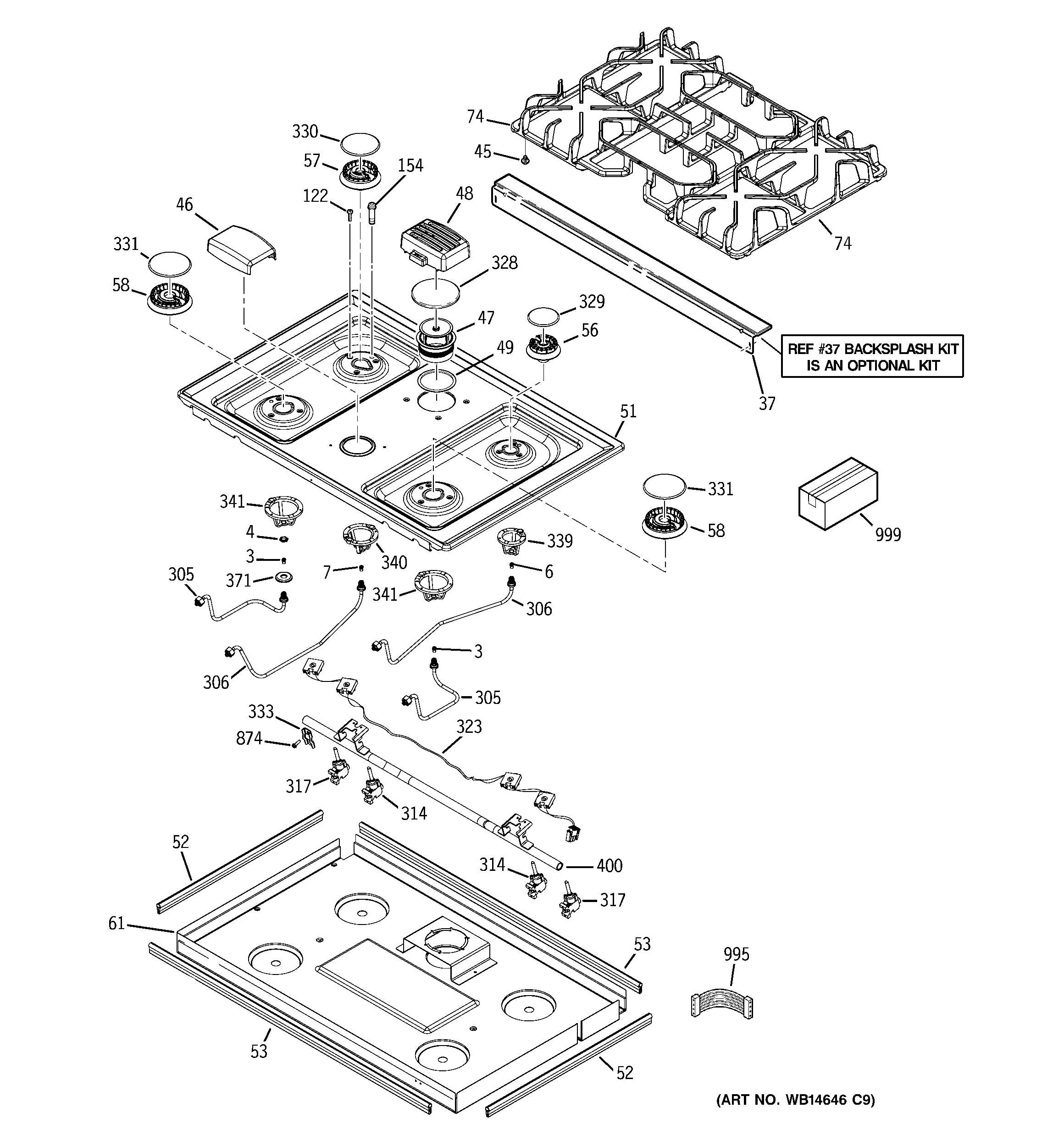 GE JGSP28DEN3WW cooktop diagram