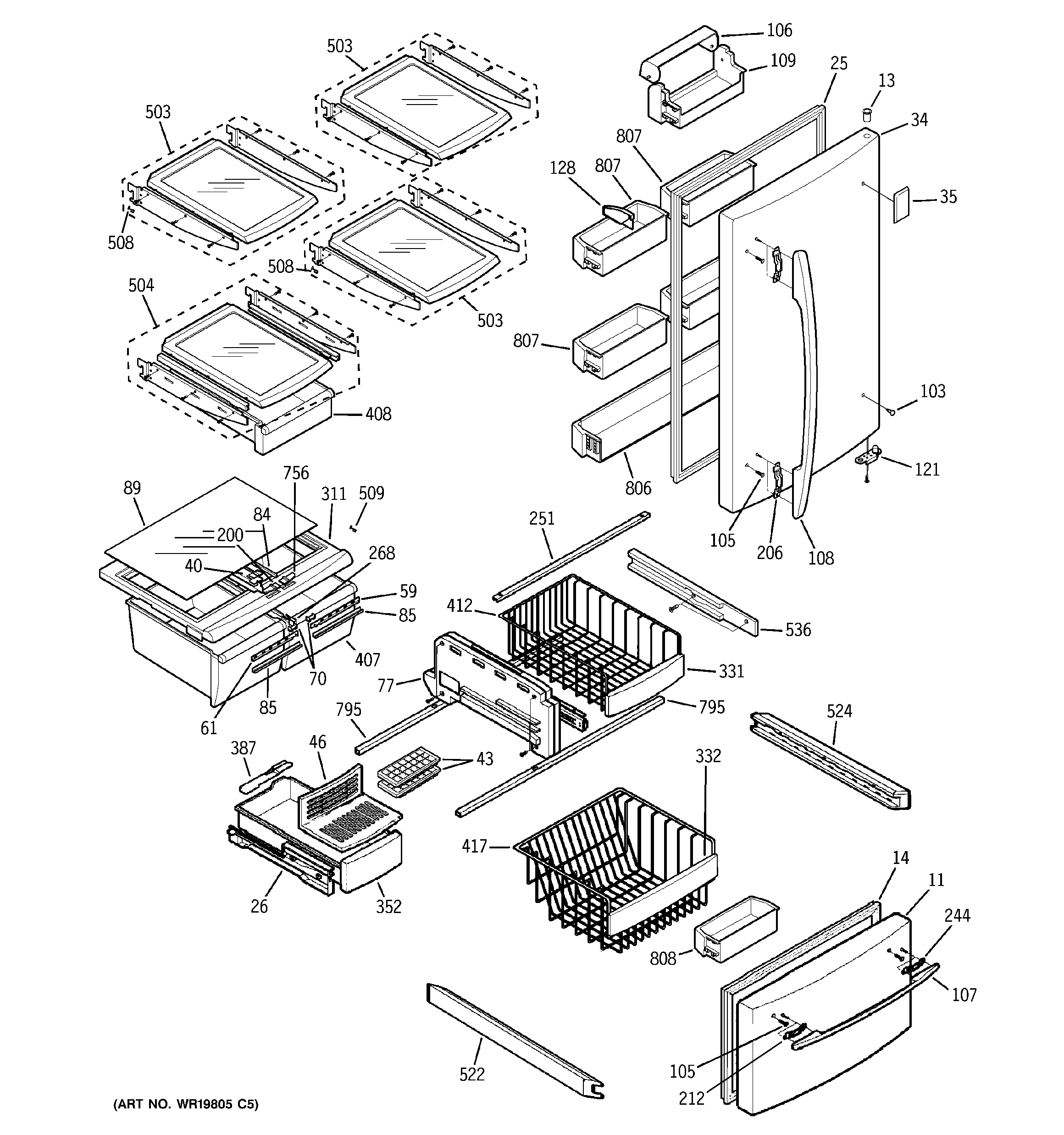 GE GBS20KBRCBB doors & shelves diagram
