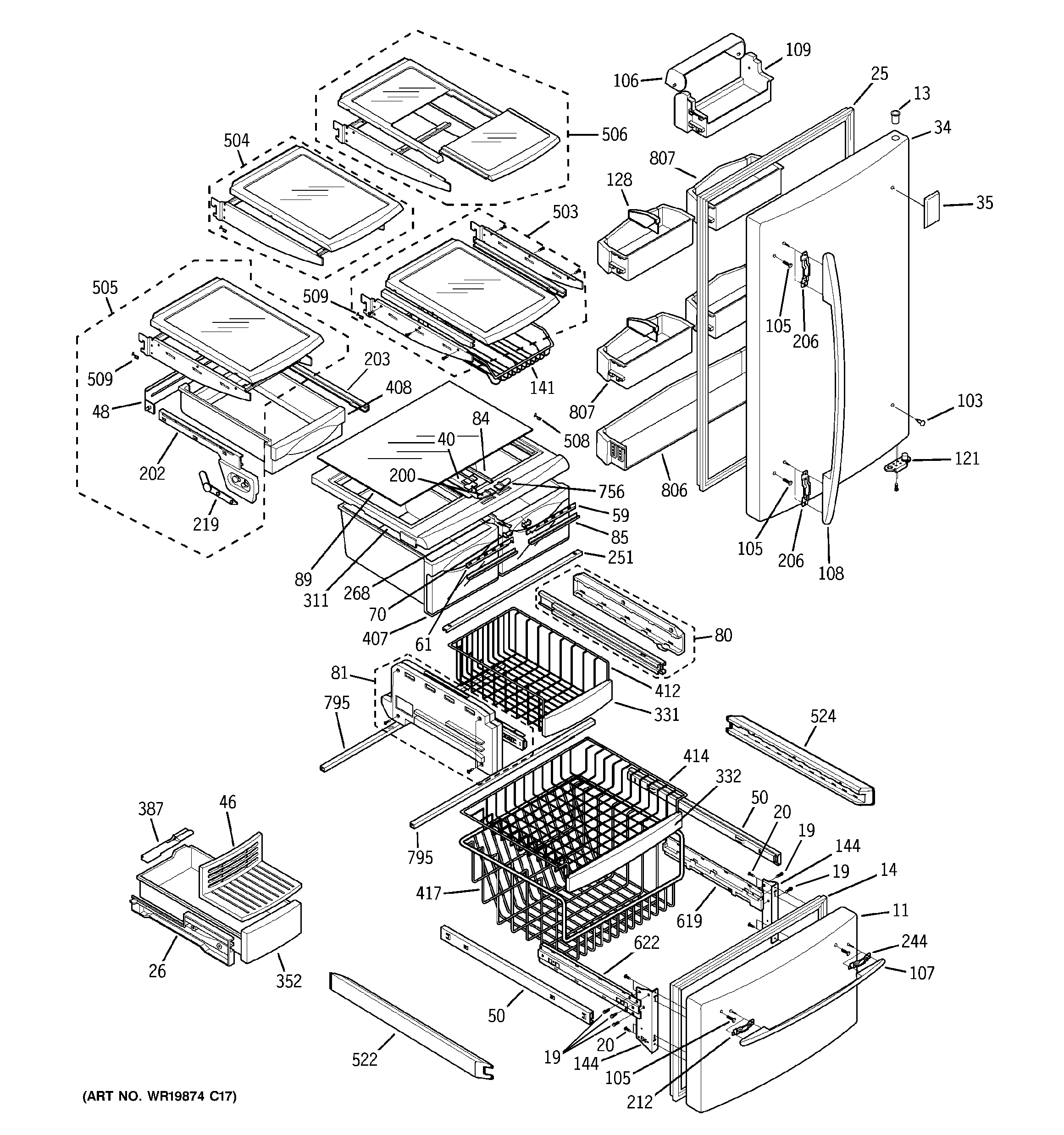 GE PDF22MFSBBB doors & shelves diagram