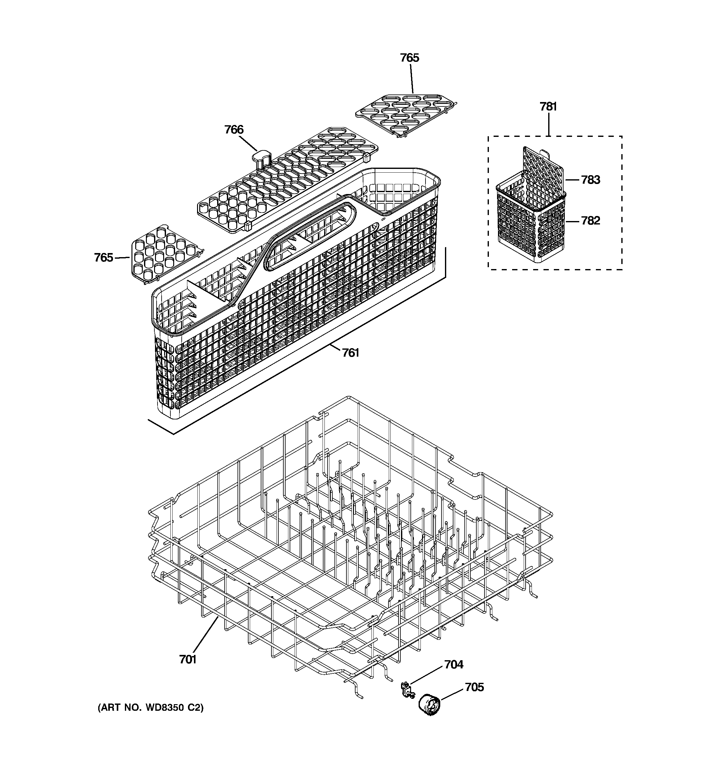 GE GLD4458R10CS lower rack assembly diagram