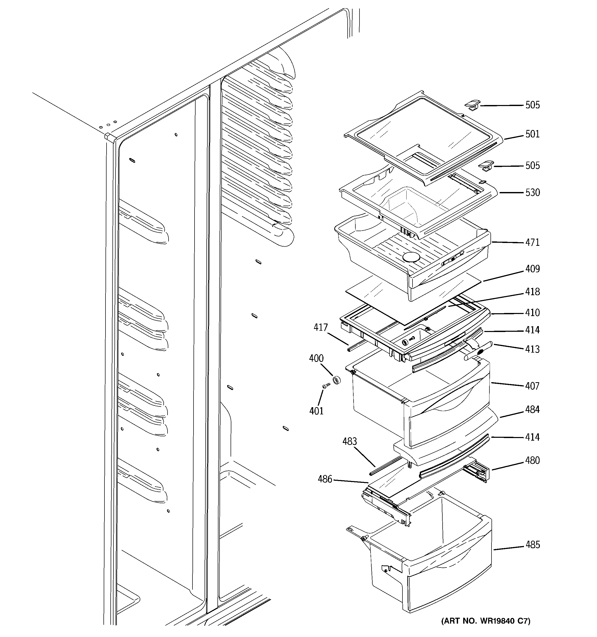 GE GSS25KSTBSS fresh food shelves diagram