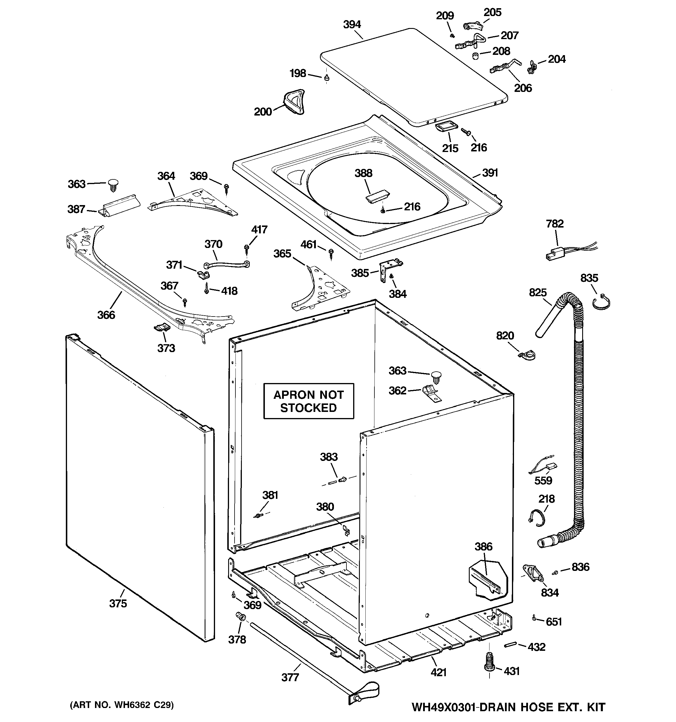 GE GTWN3000M1WS cabinet, cover & top panel diagram