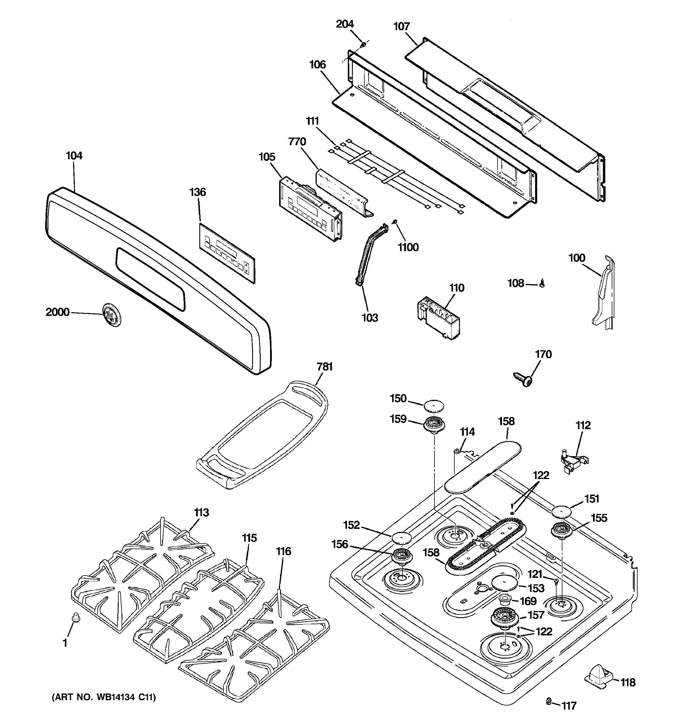 GE JGB605SET1SS control panel & cooktop diagram