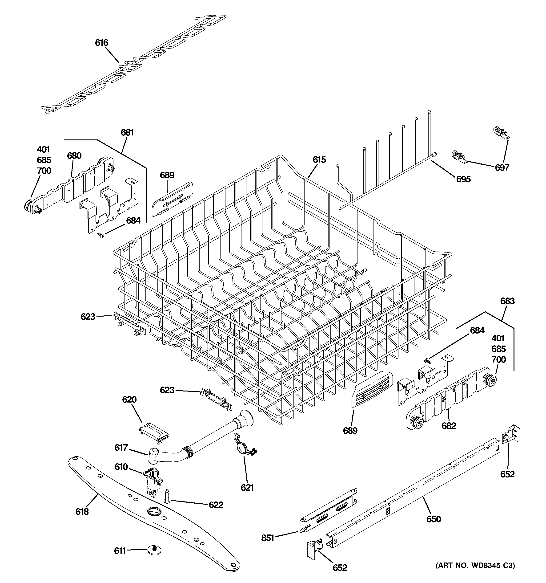 GE PDWF800R30BB upper rack assembly diagram