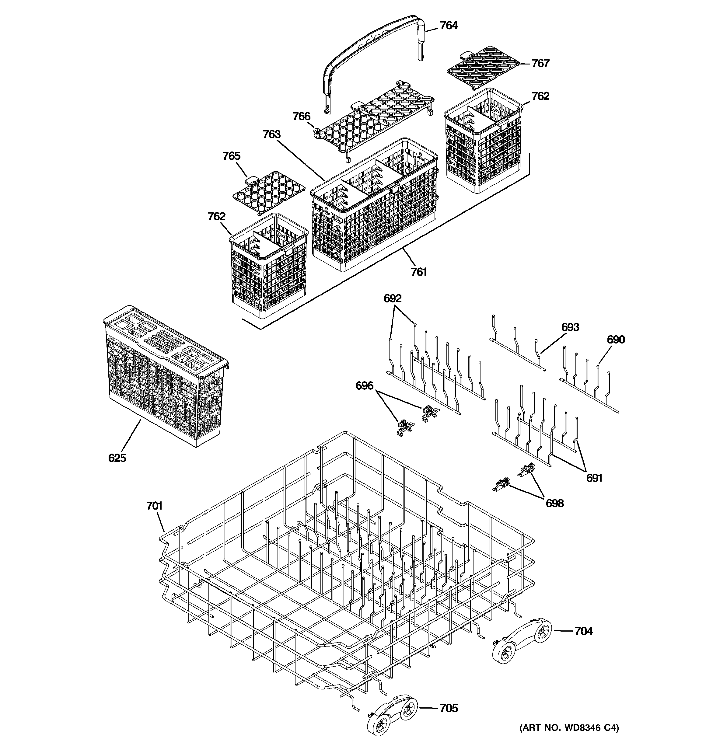 GE PDWF800R30BB lower rack assembly diagram