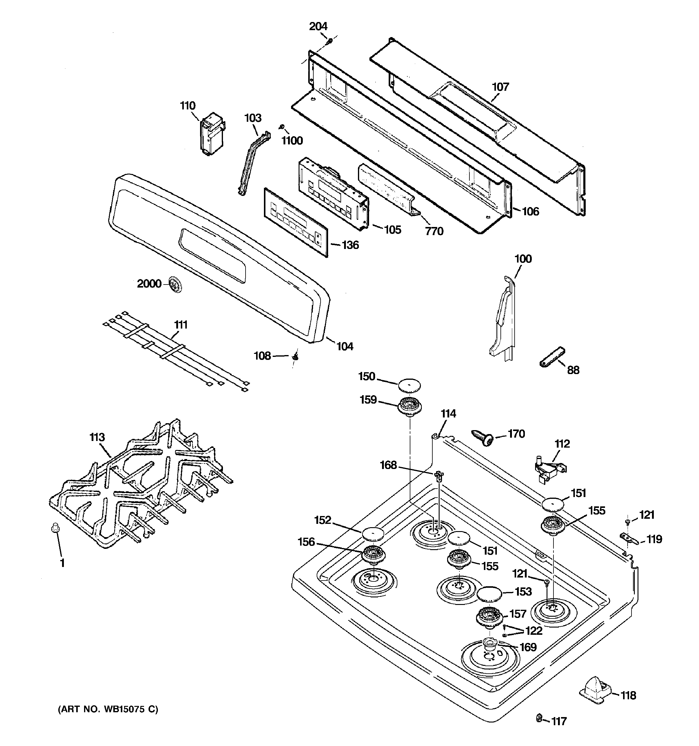 GE JGB282DET2BB control panel & cooktop diagram