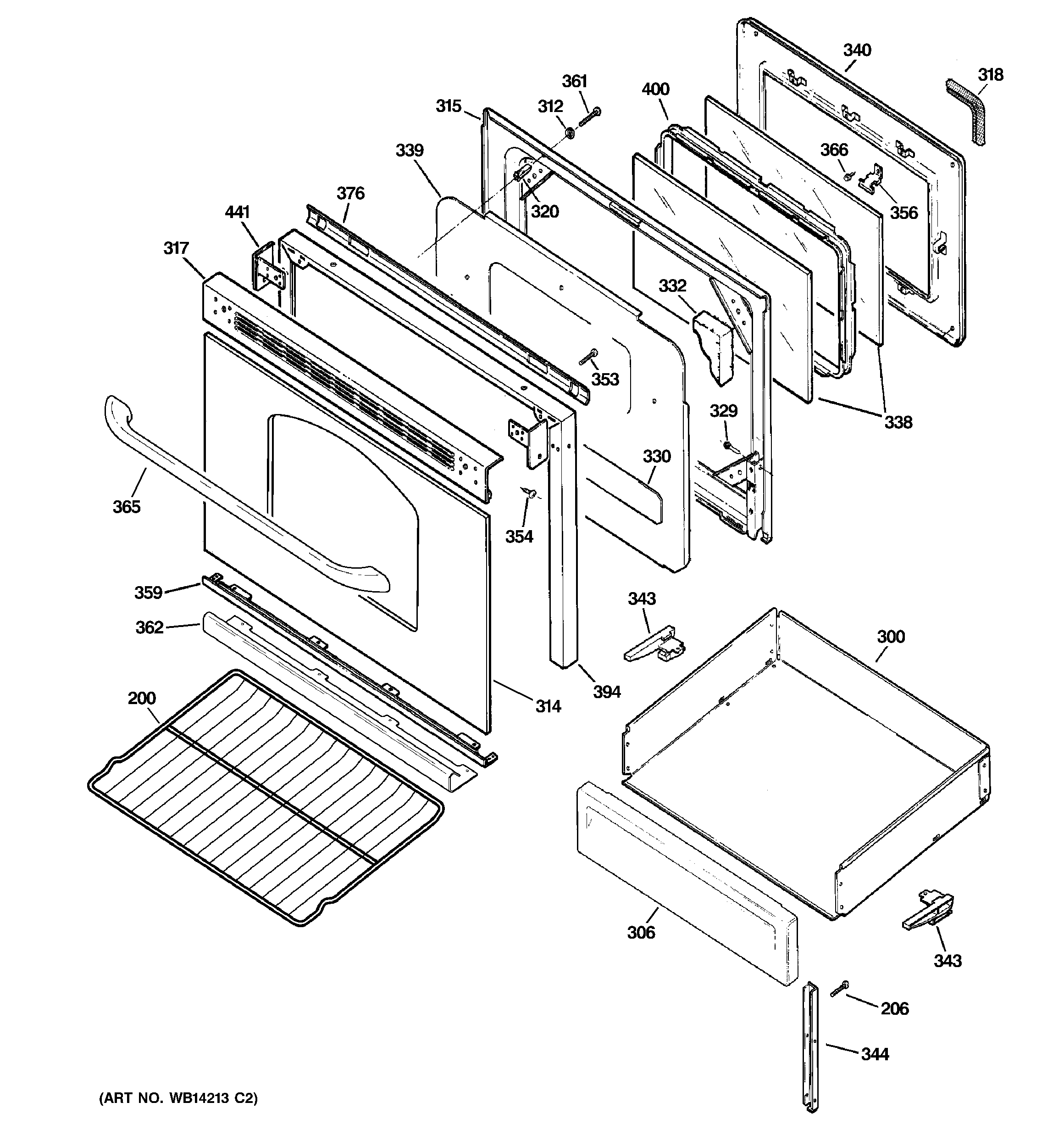 GE JGB285DET2BB door & drawer parts diagram