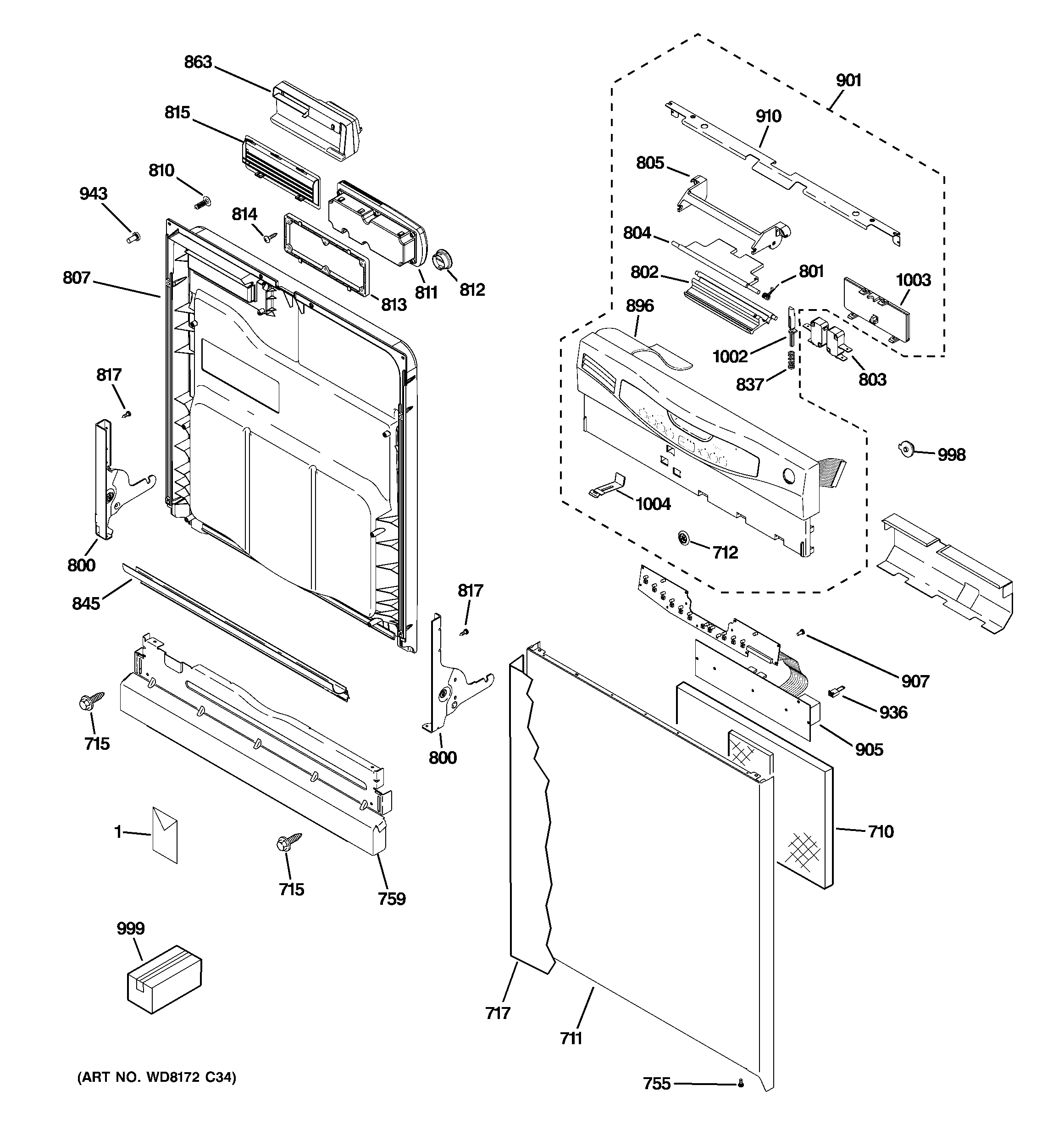 GE GLD5600V00BB escutcheon & door assembly diagram