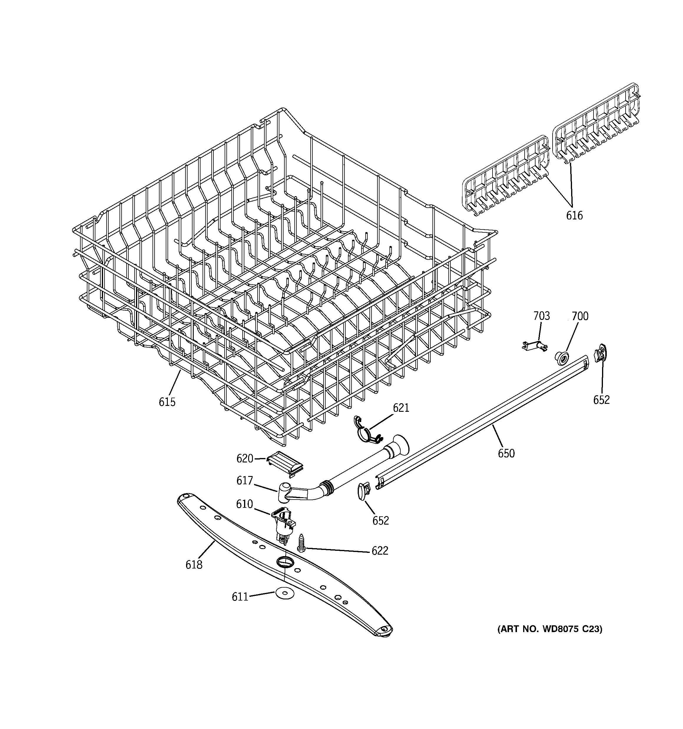GE GLD5600V00BB upper rack assembly diagram