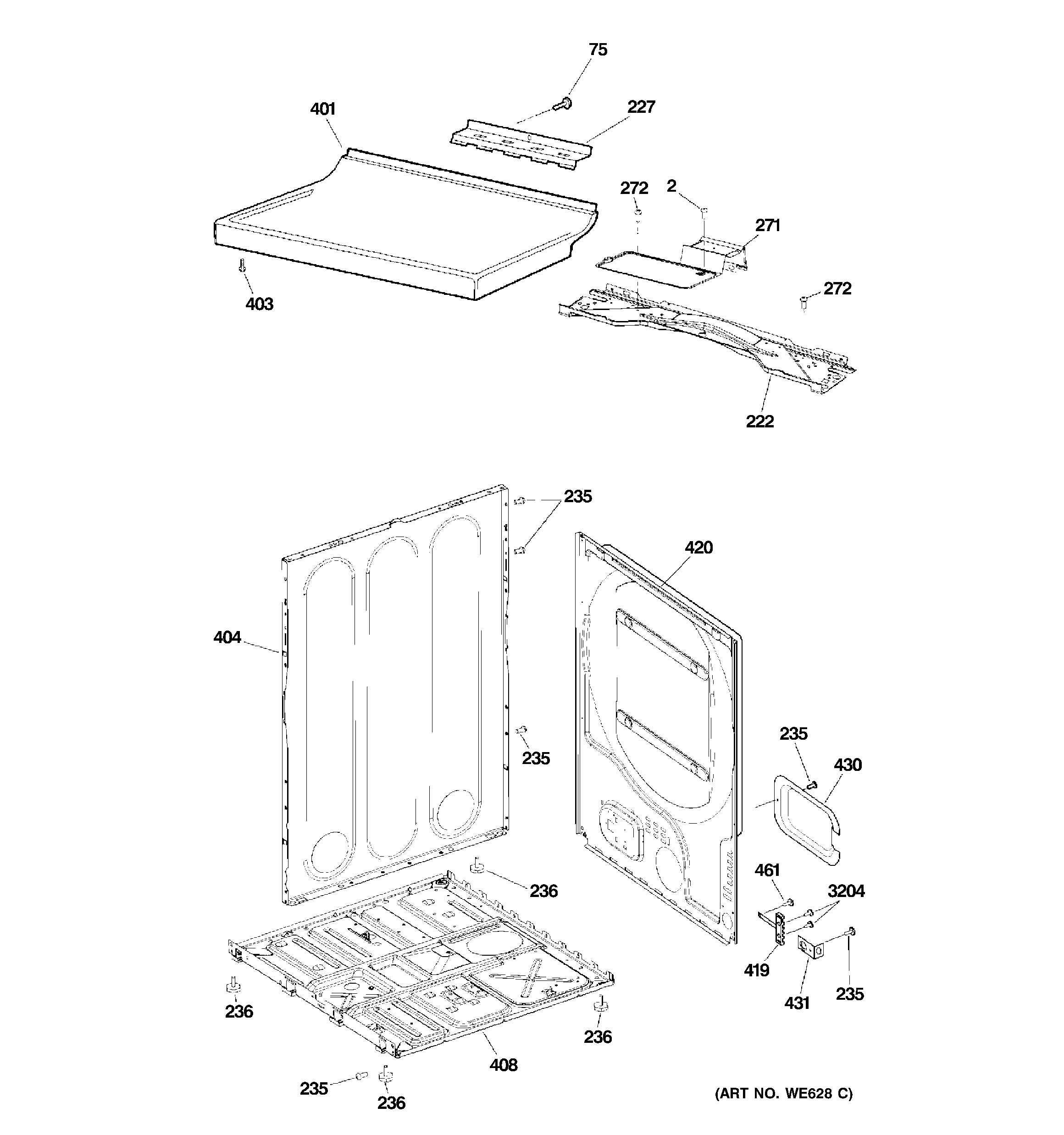 GE GTDP520ED0WW cabinet & top panel diagram