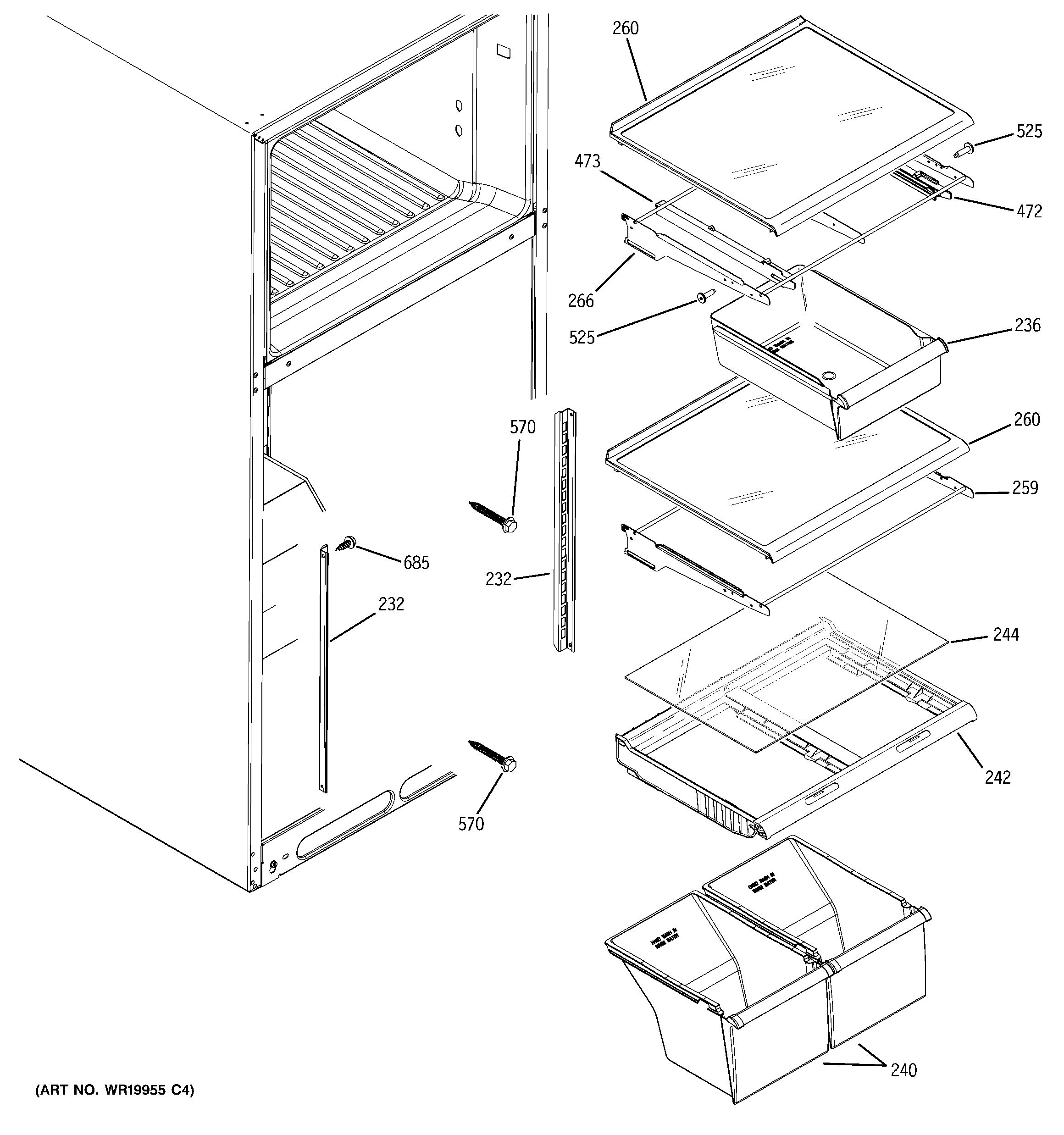 GE DTL18ICSWRBS fresh food shelves diagram