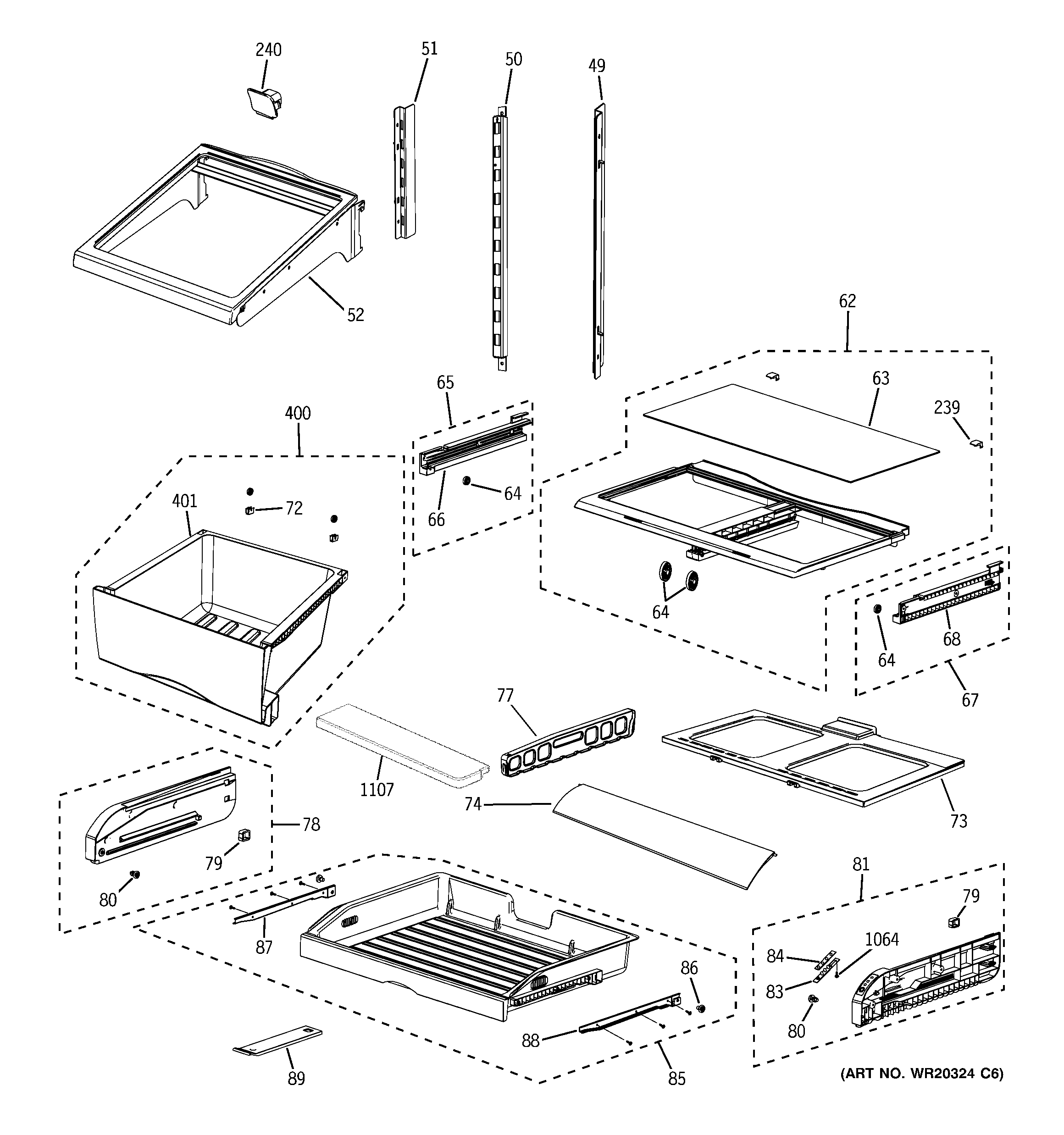 GE GFSF6KEXEWW fresh food shelves diagram